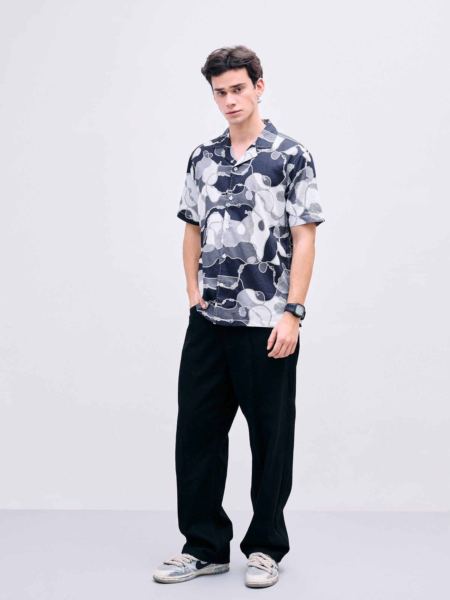 Iconic Men Black Printed Resort Collar Shirt