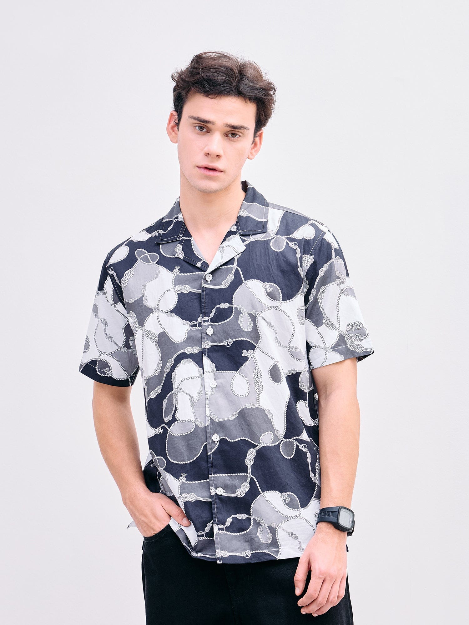 Iconic Men Black Printed Resort Collar Shirt