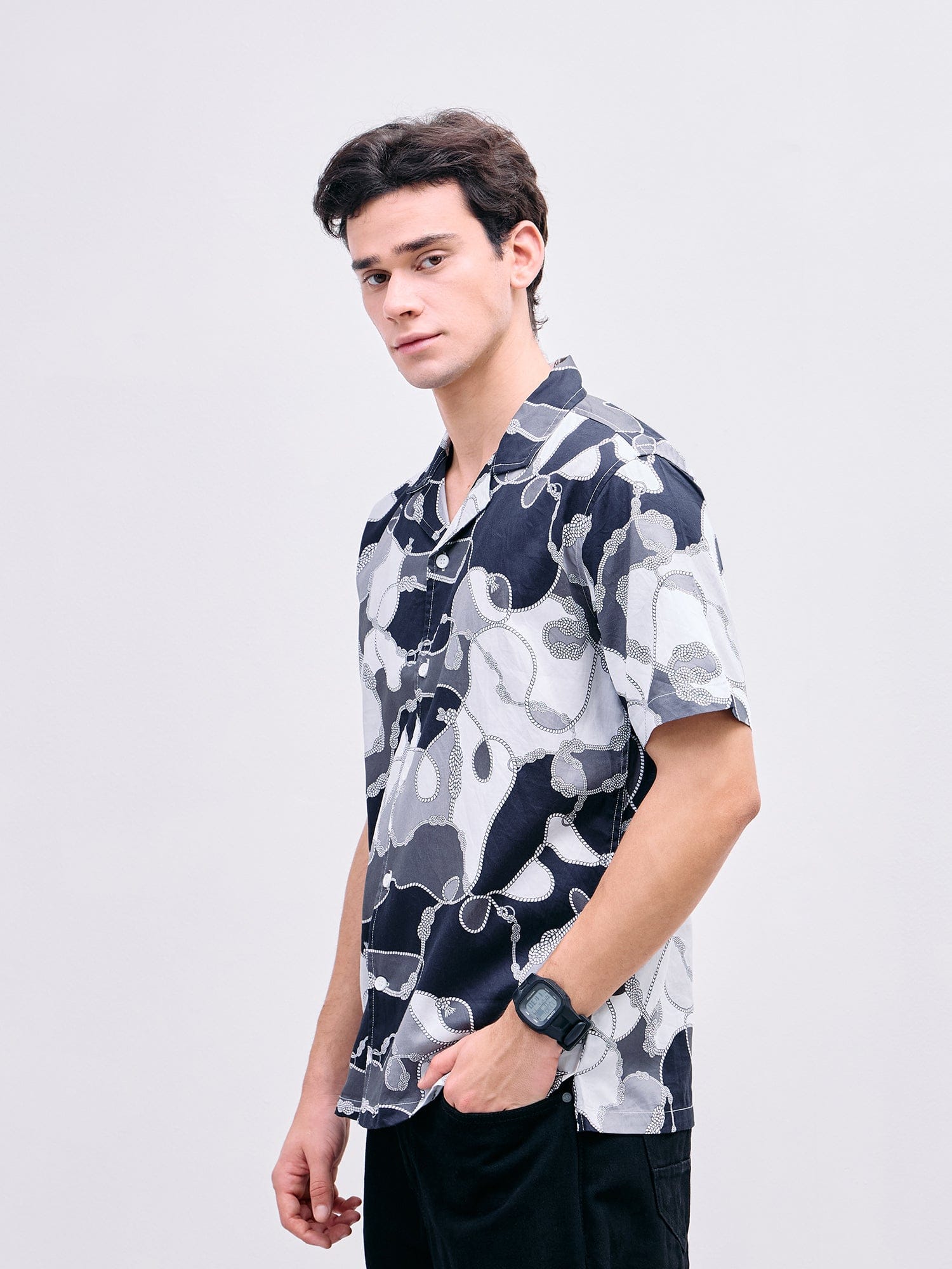 Iconic Men Black Printed Resort Collar Shirt
