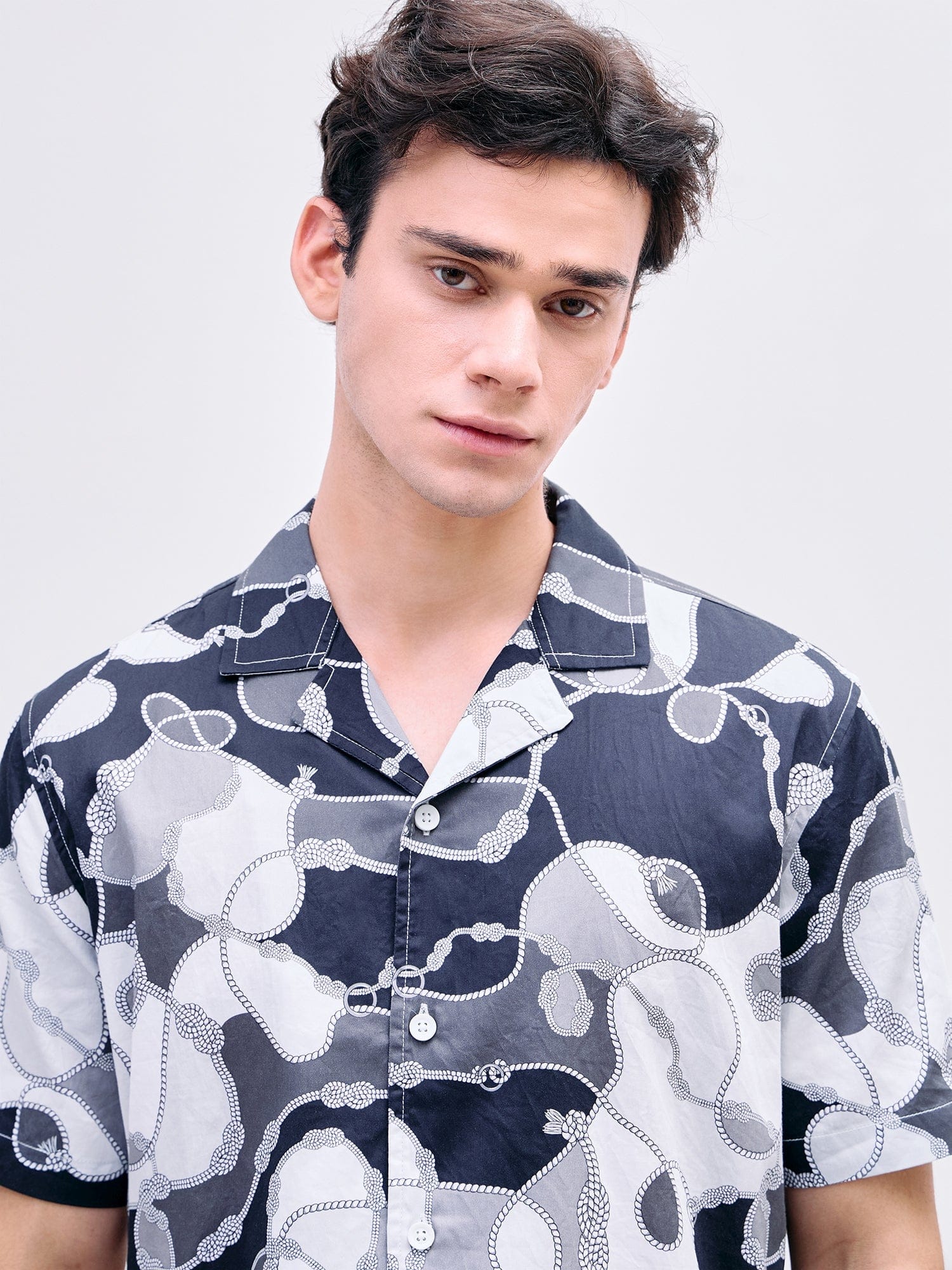 Iconic Men Black Printed Resort Collar Shirt