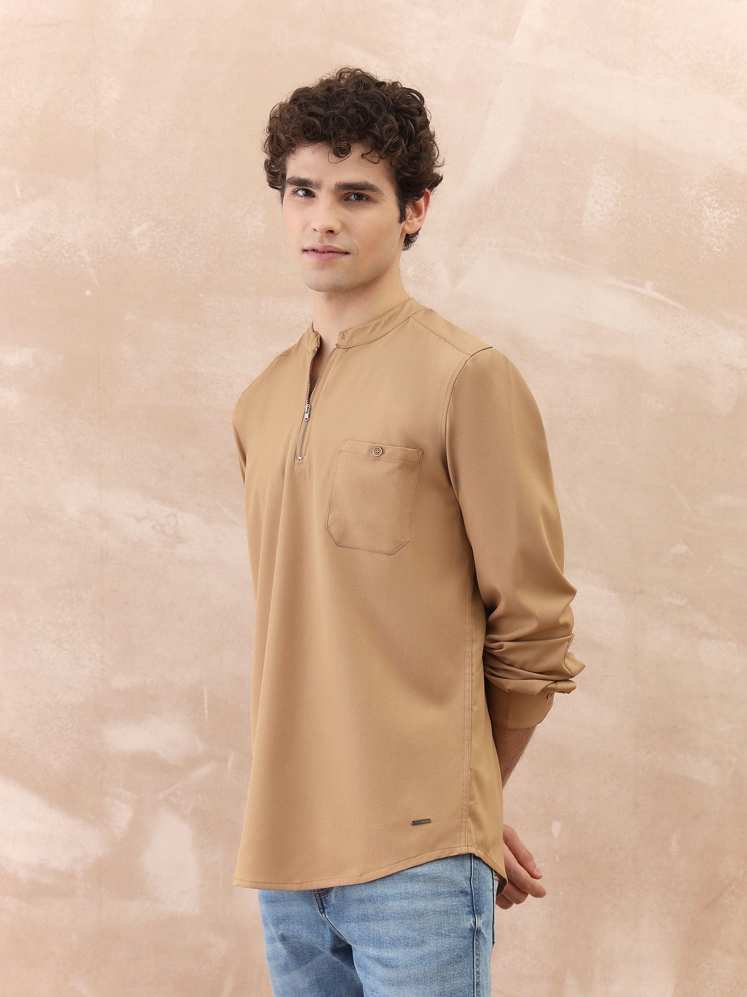 Iconic Men Brown Solid Band Collar Shirt