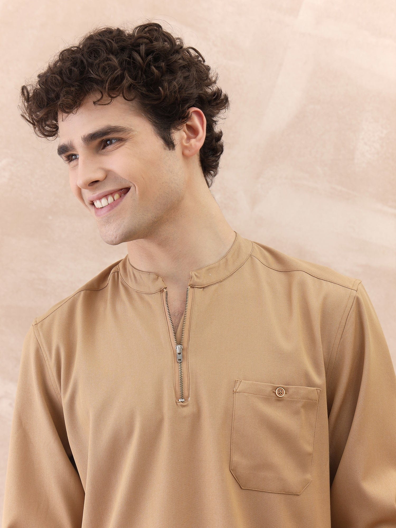 Iconic Men Brown Solid Band Collar Shirt