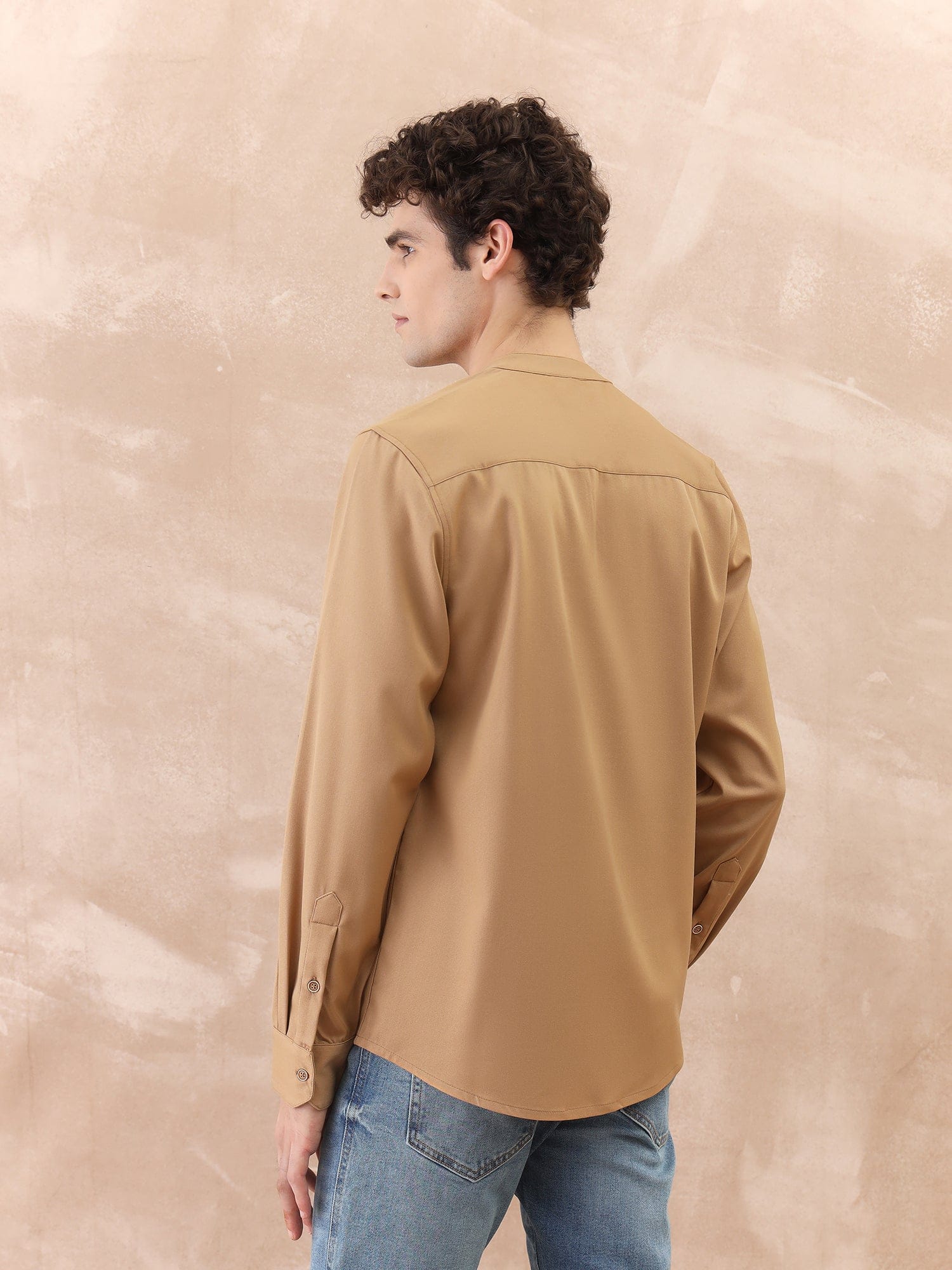 Iconic Men Brown Solid Band Collar Shirt