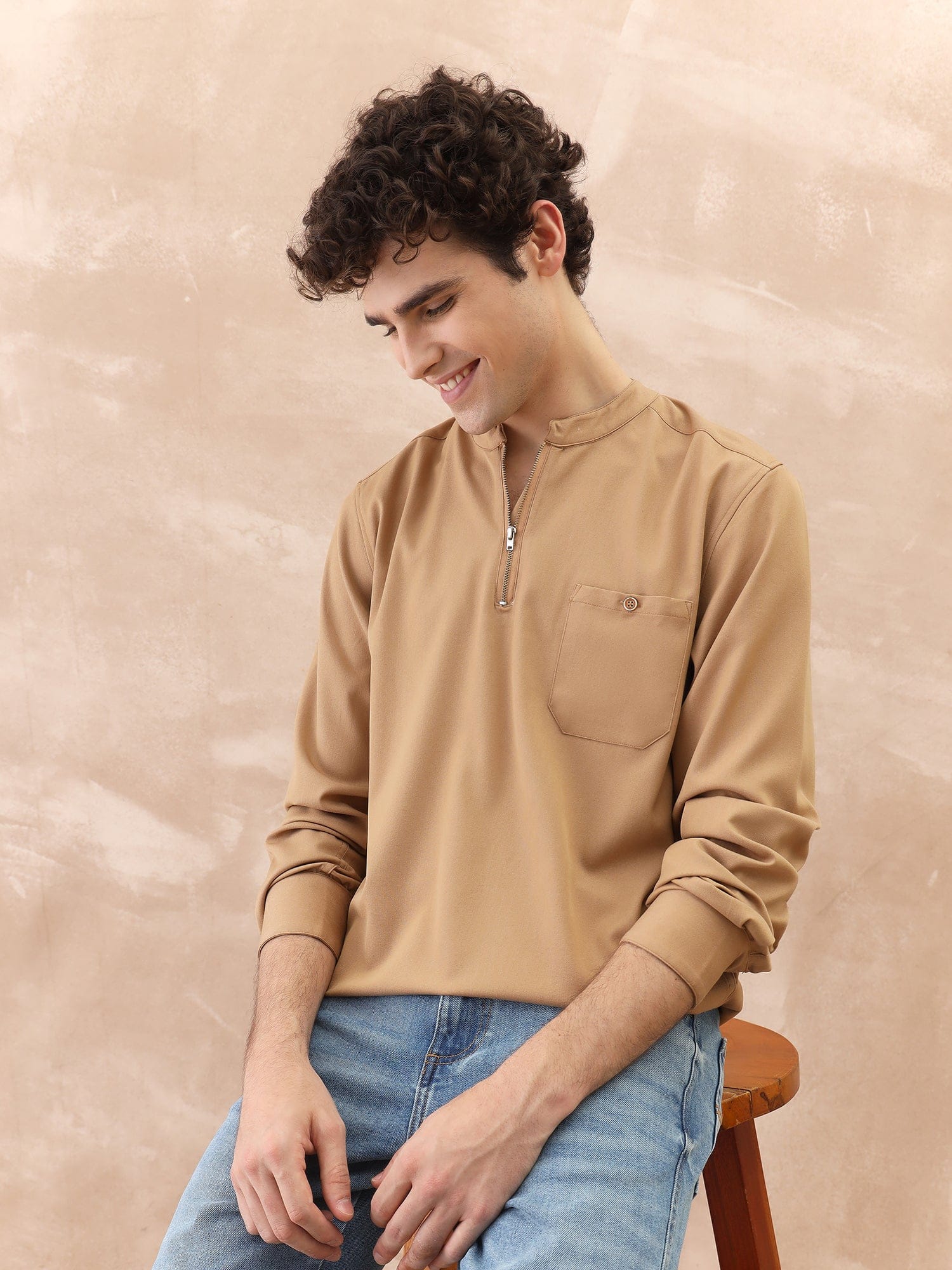 Iconic Men Brown Solid Band Collar Shirt