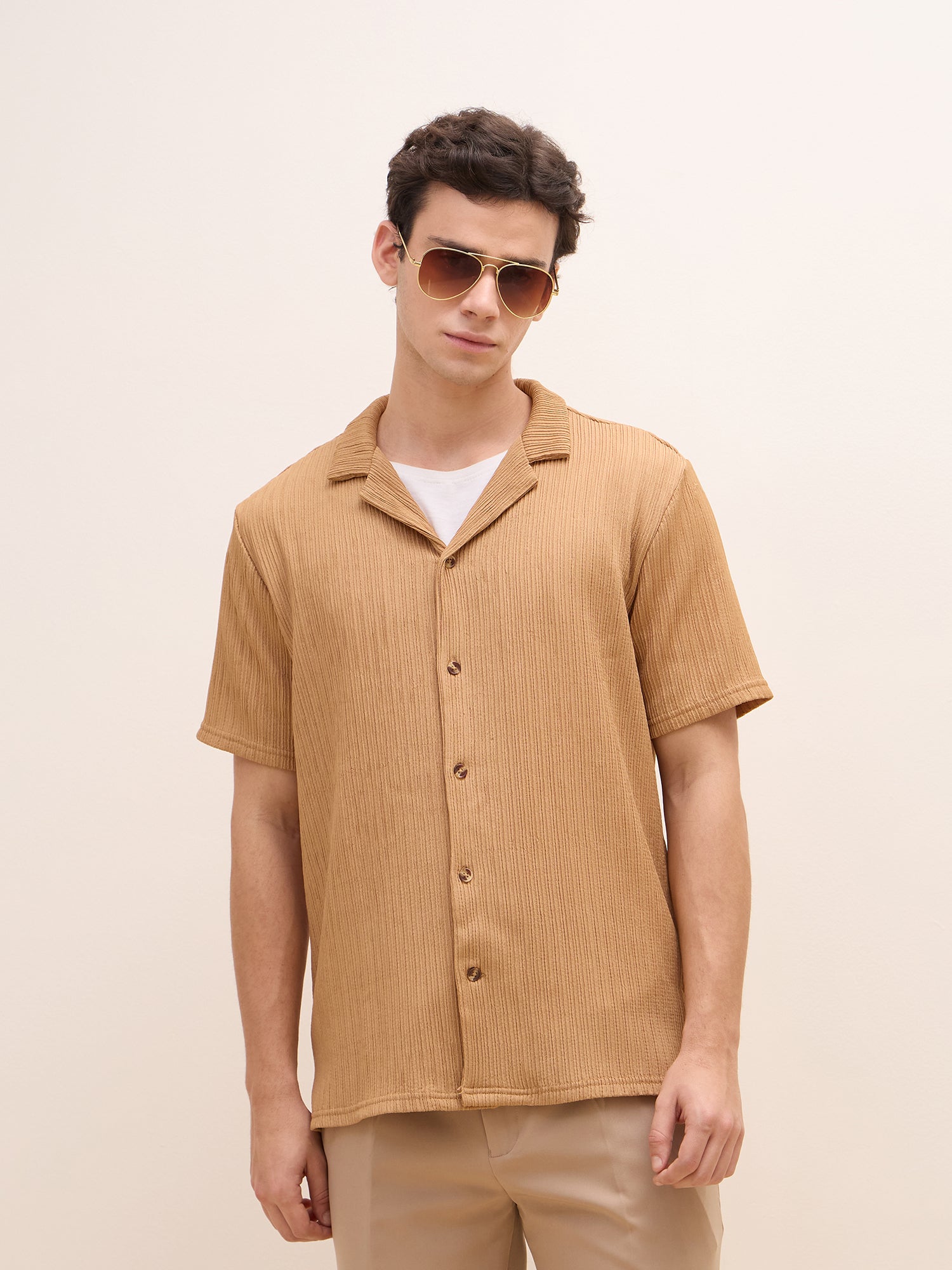 Iconic Men Brown Textured Resort Collar Shirt