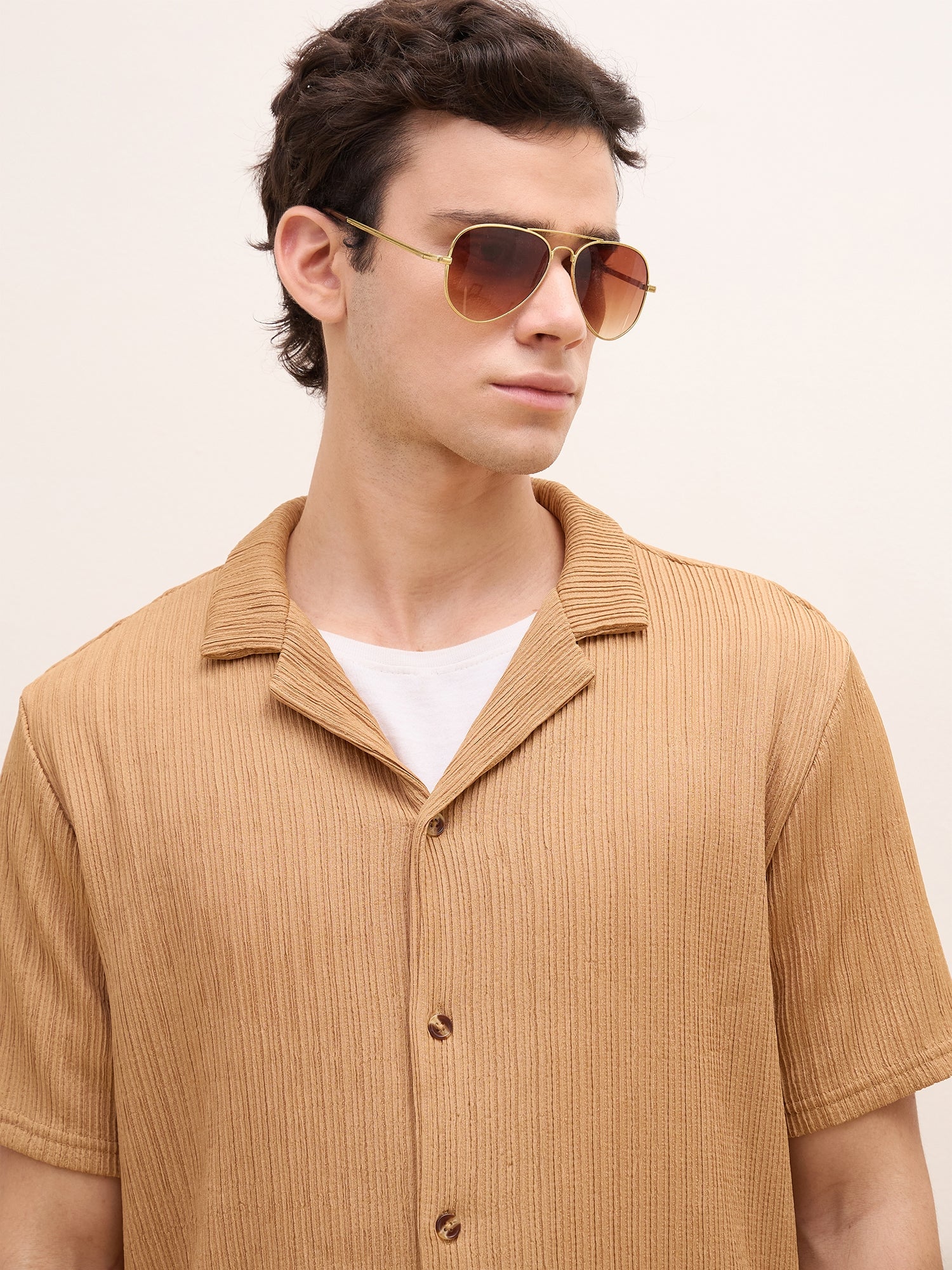 Iconic Men Brown Textured Resort Collar Shirt