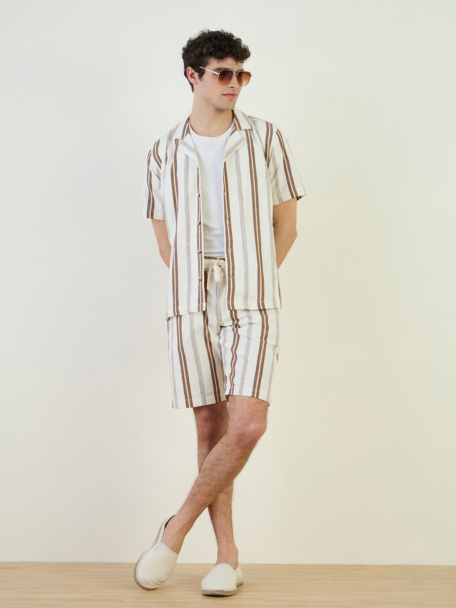 Iconic Men Beige Striped Resort Collar Shirt