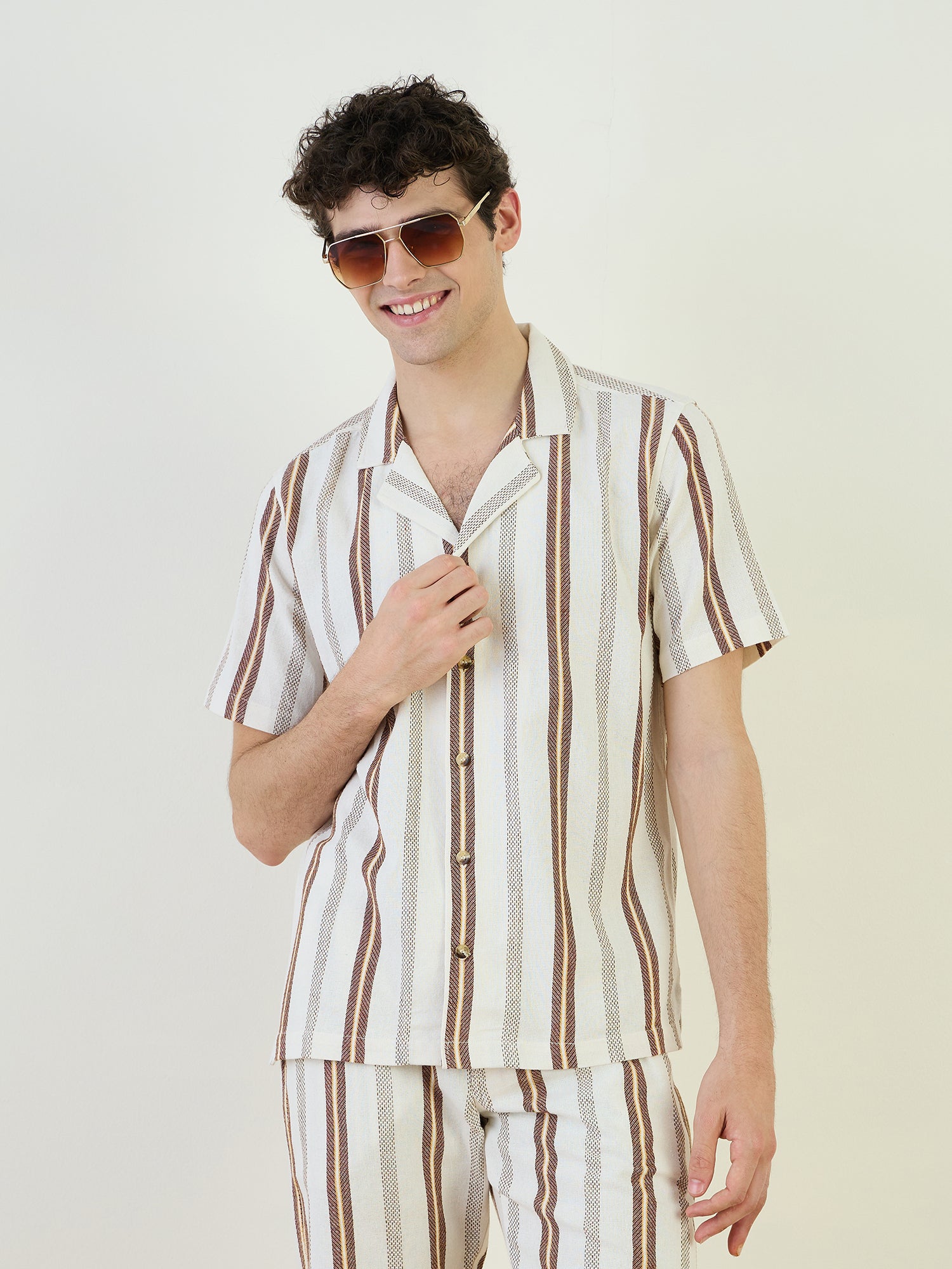 Iconic Men Beige Striped Resort Collar Shirt