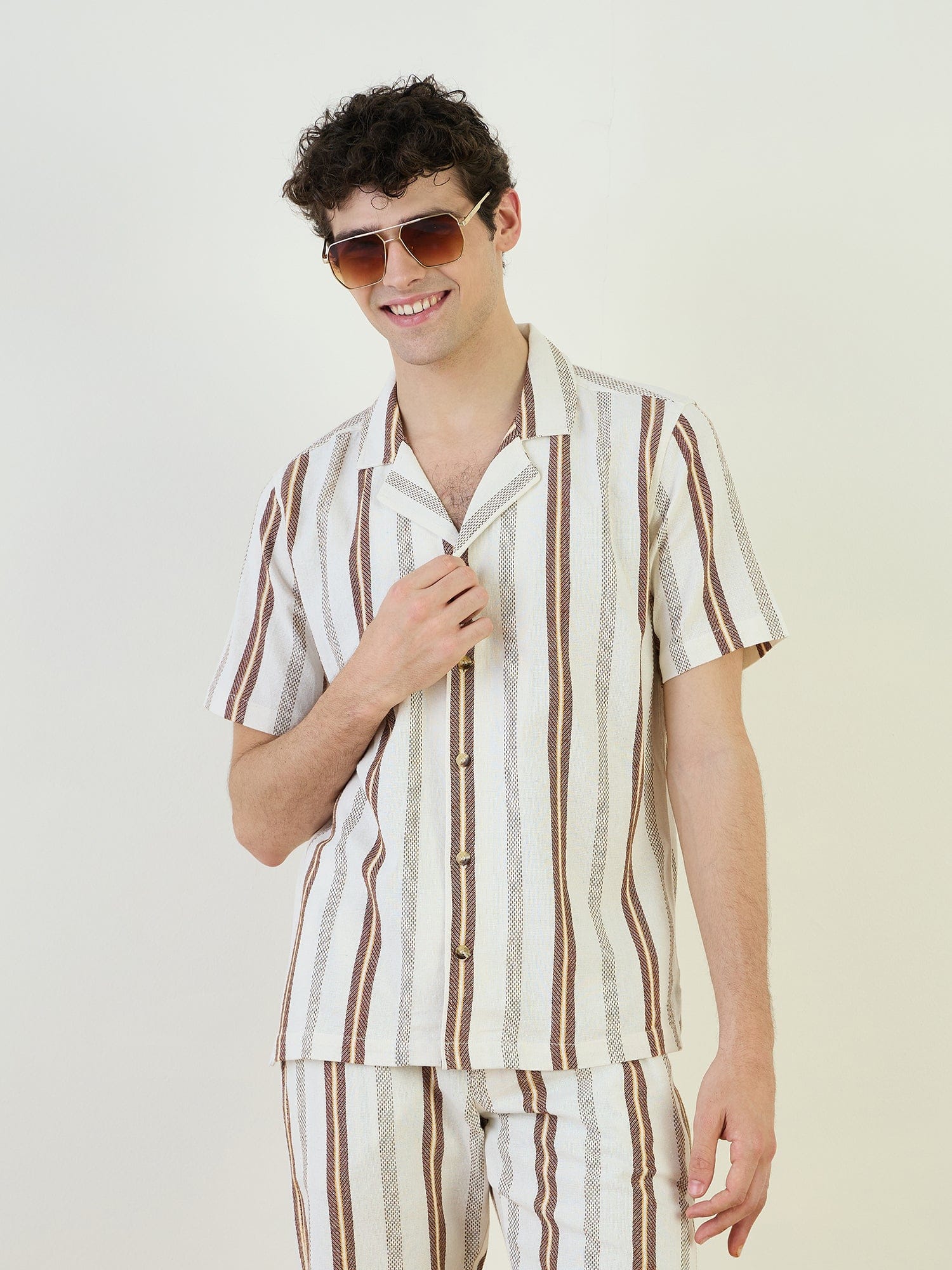 Iconic Men Beige Striped Resort Collar Shirt