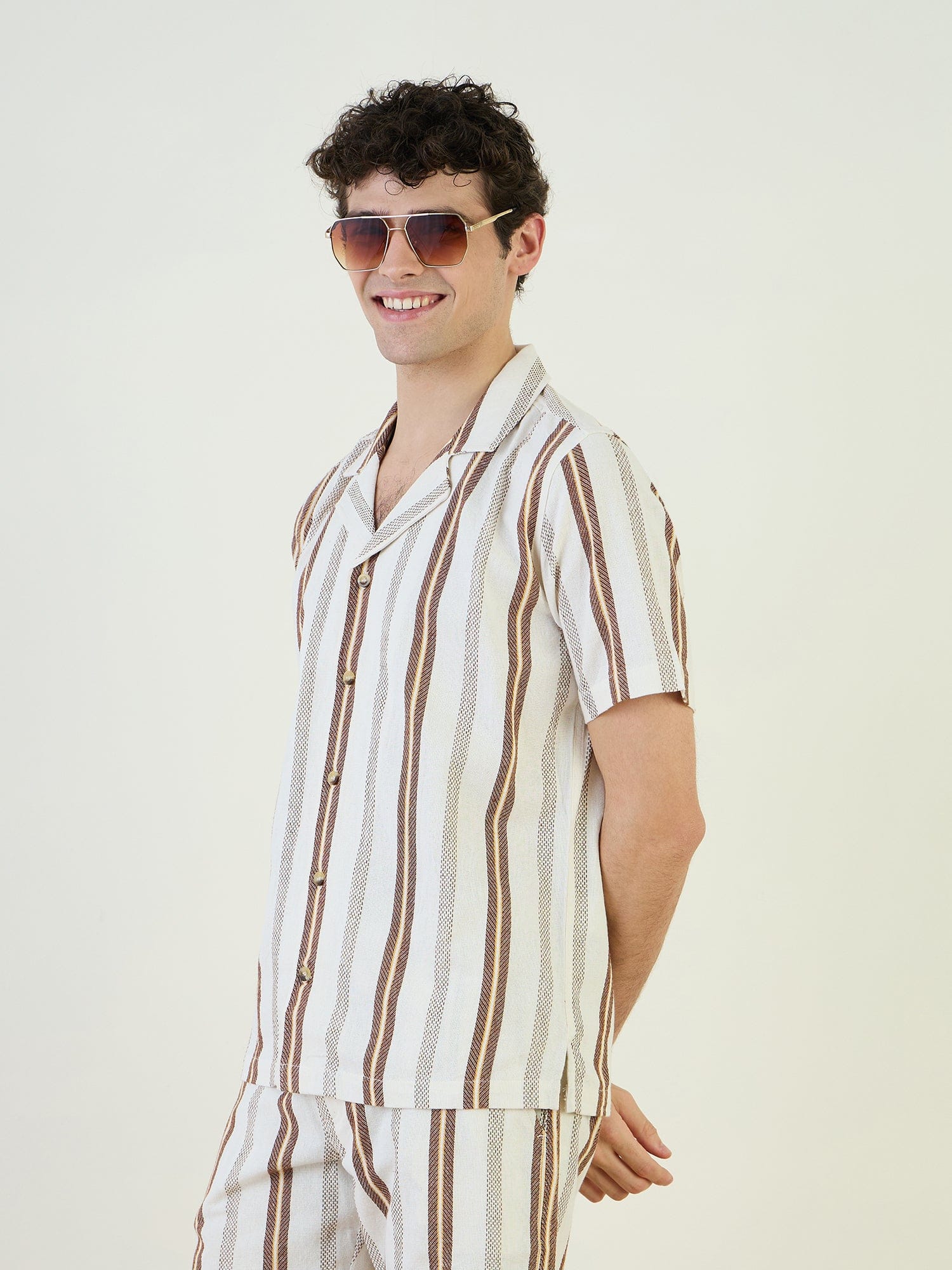 Iconic Men Beige Striped Resort Collar Shirt