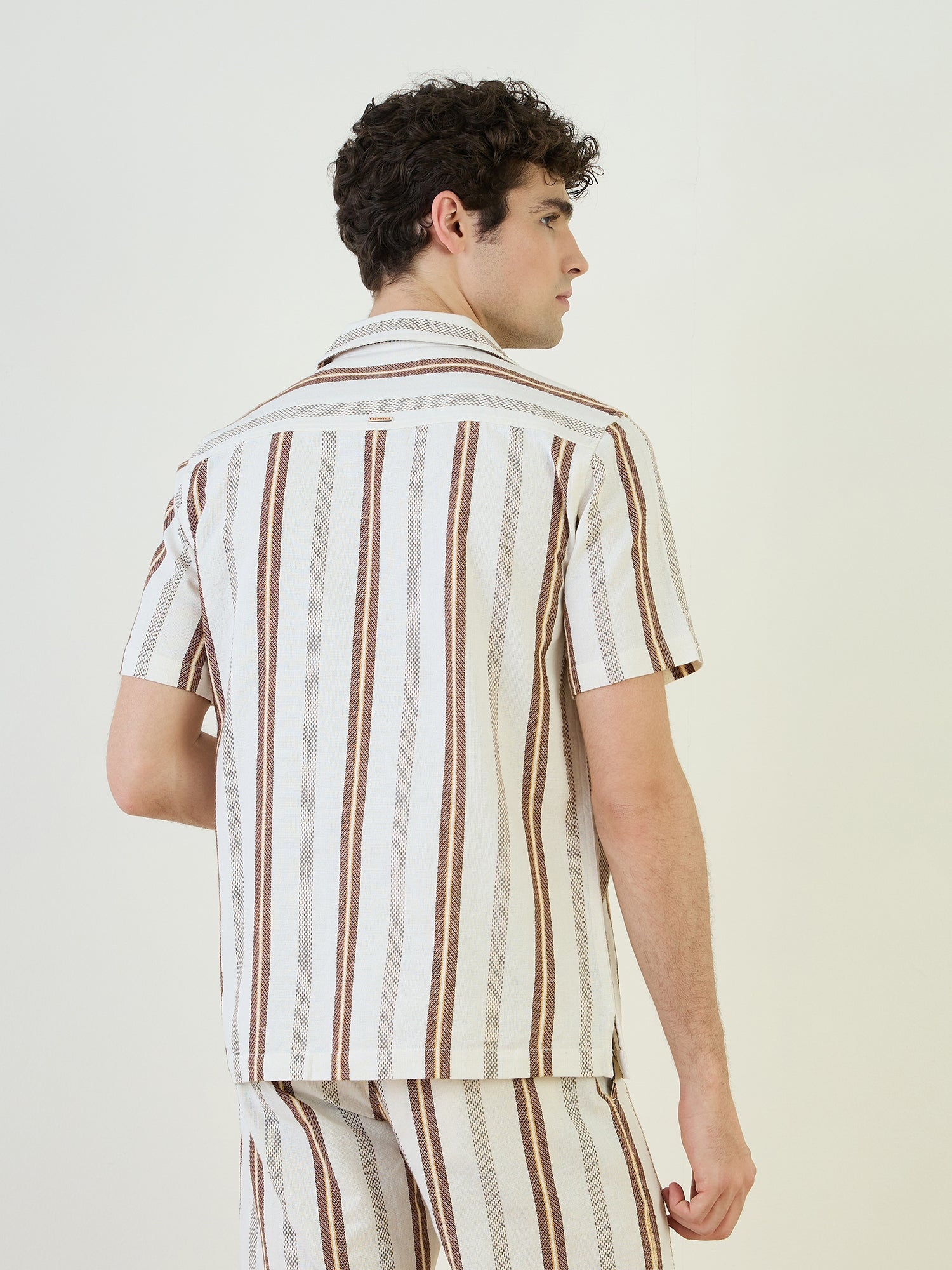 Iconic Men Beige Striped Resort Collar Shirt