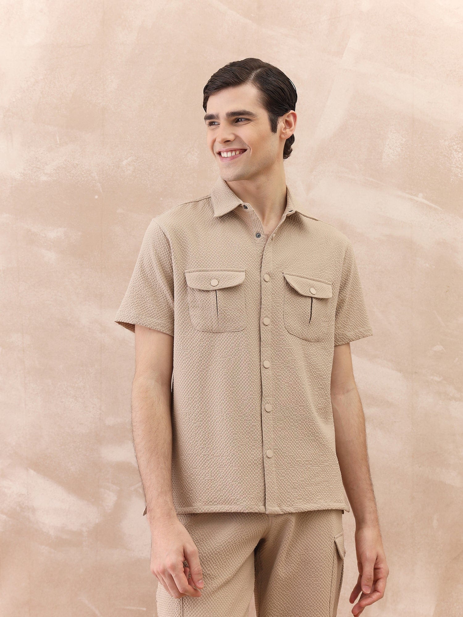 Iconic Men Beige Textured Collar Shirt