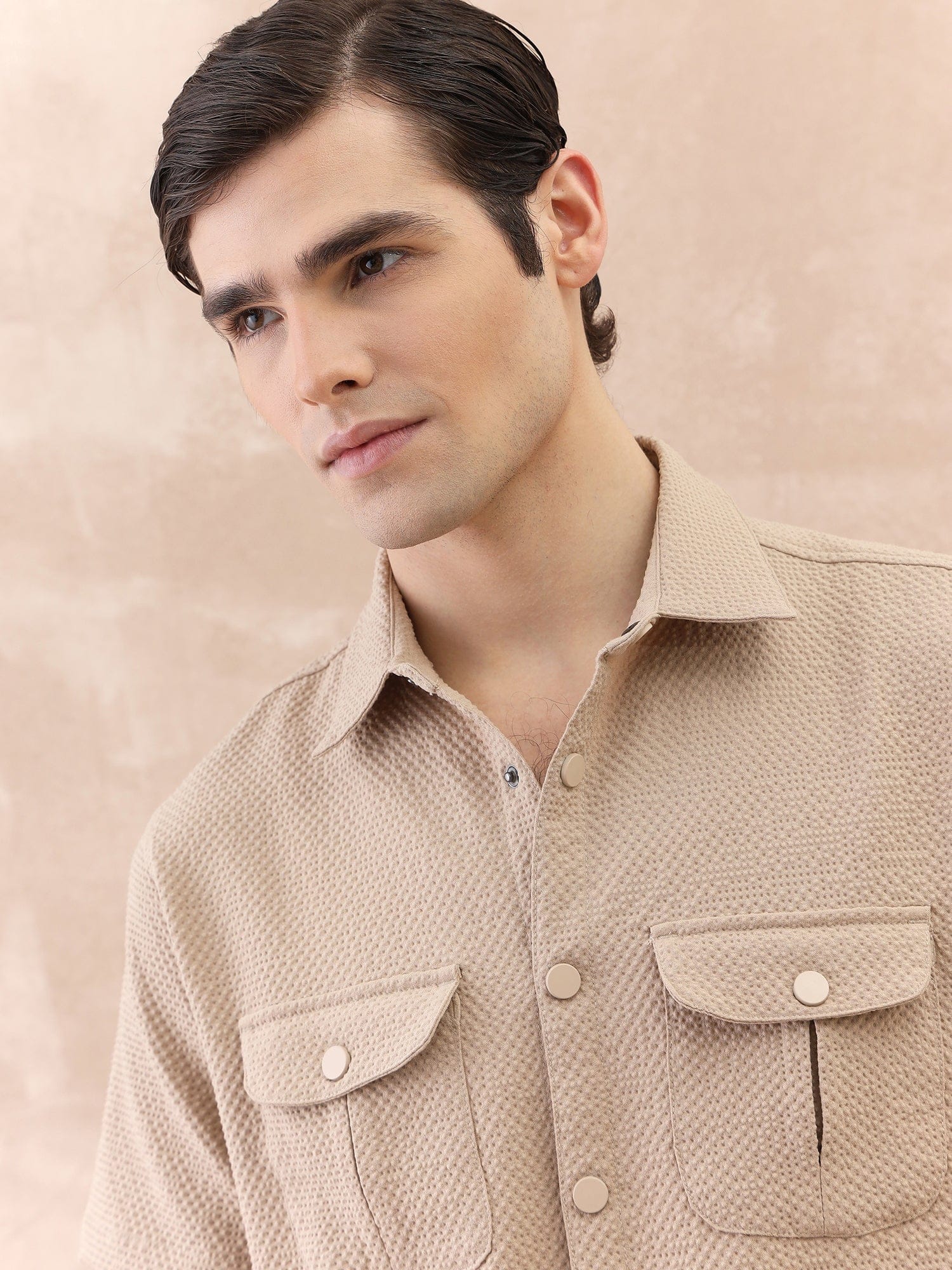 Iconic Men Beige Textured Collar Shirt