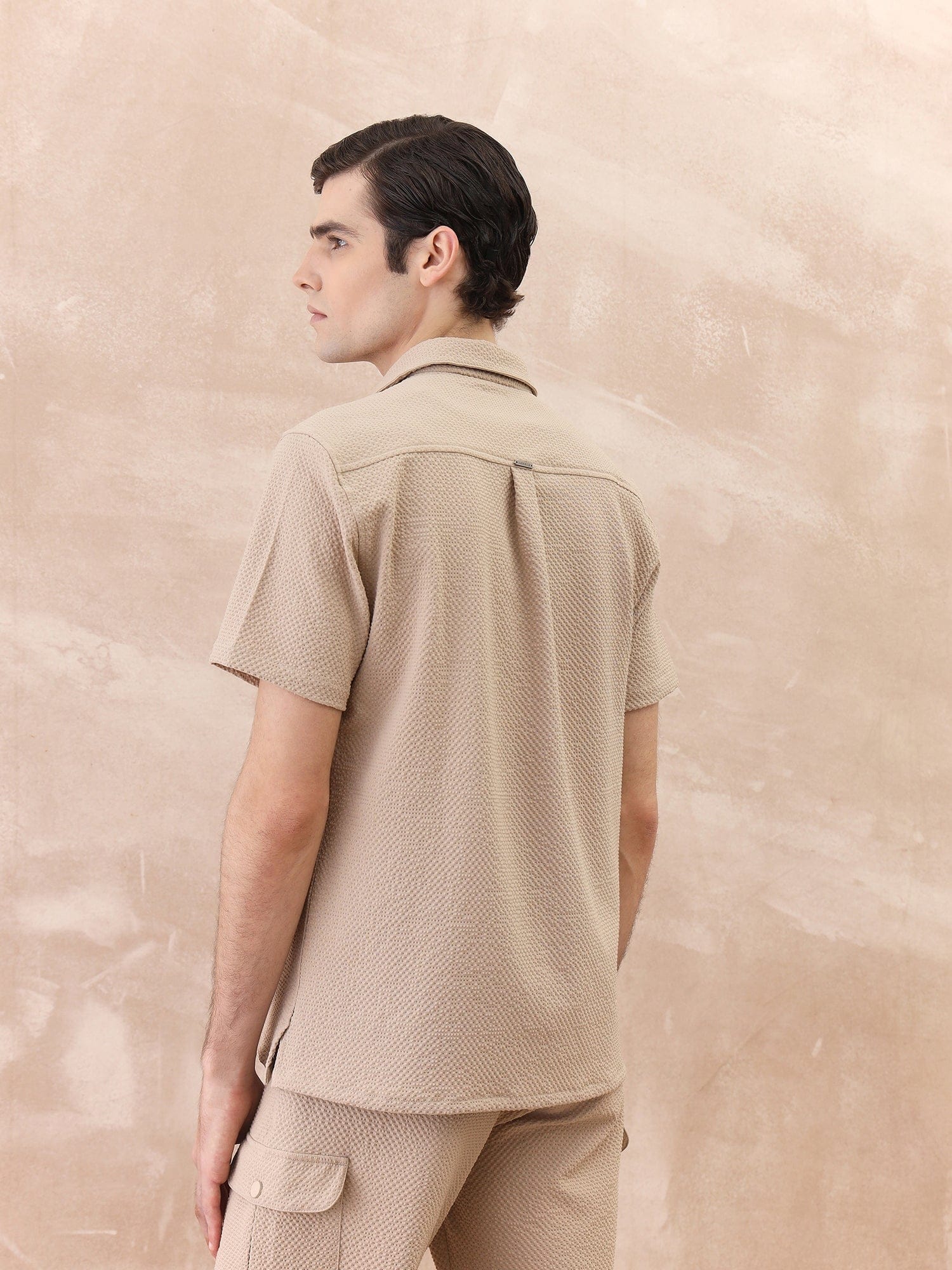Iconic Men Beige Textured Collar Shirt