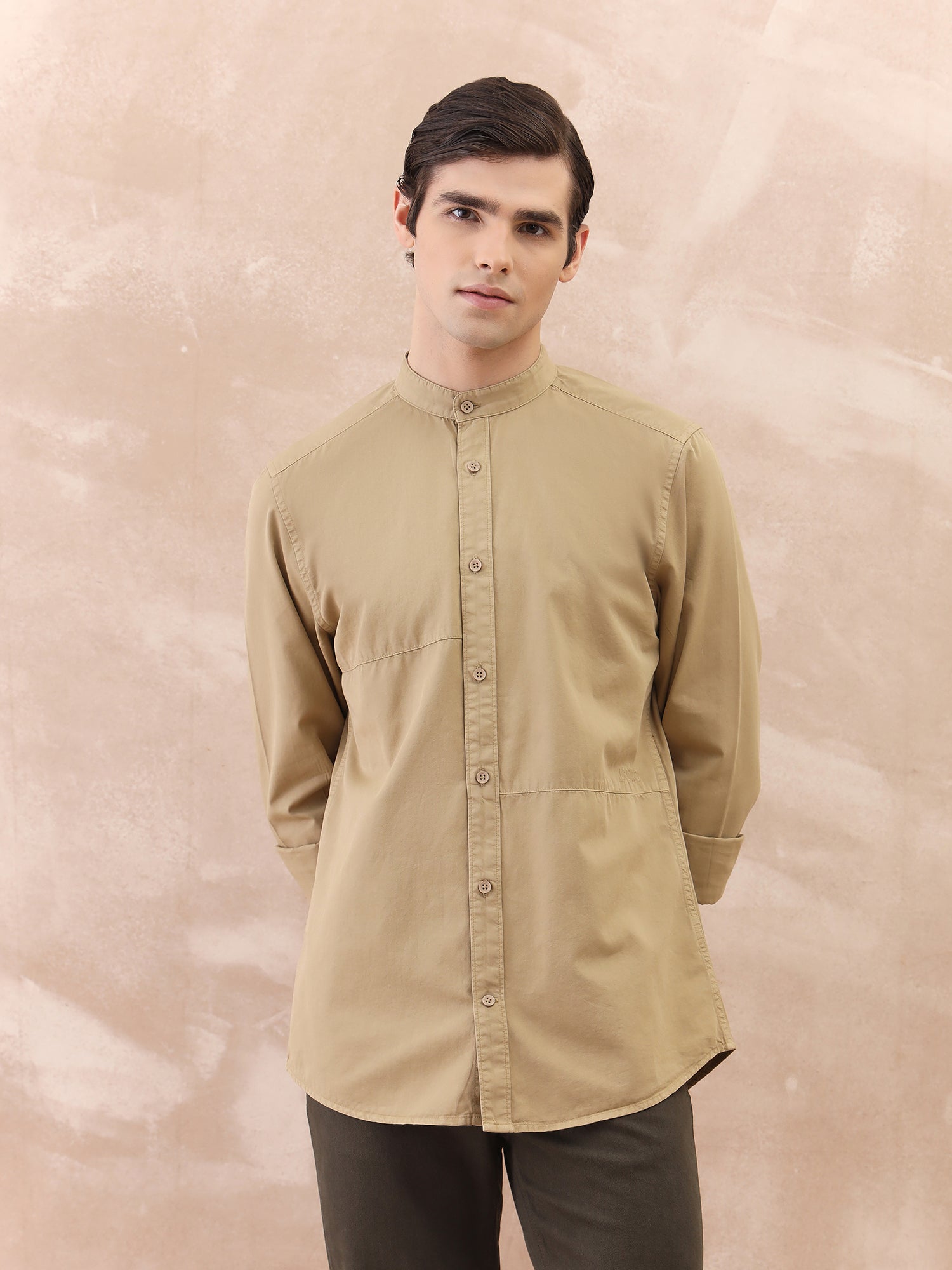 Iconic Men Beige Washed Band Collar Shirt