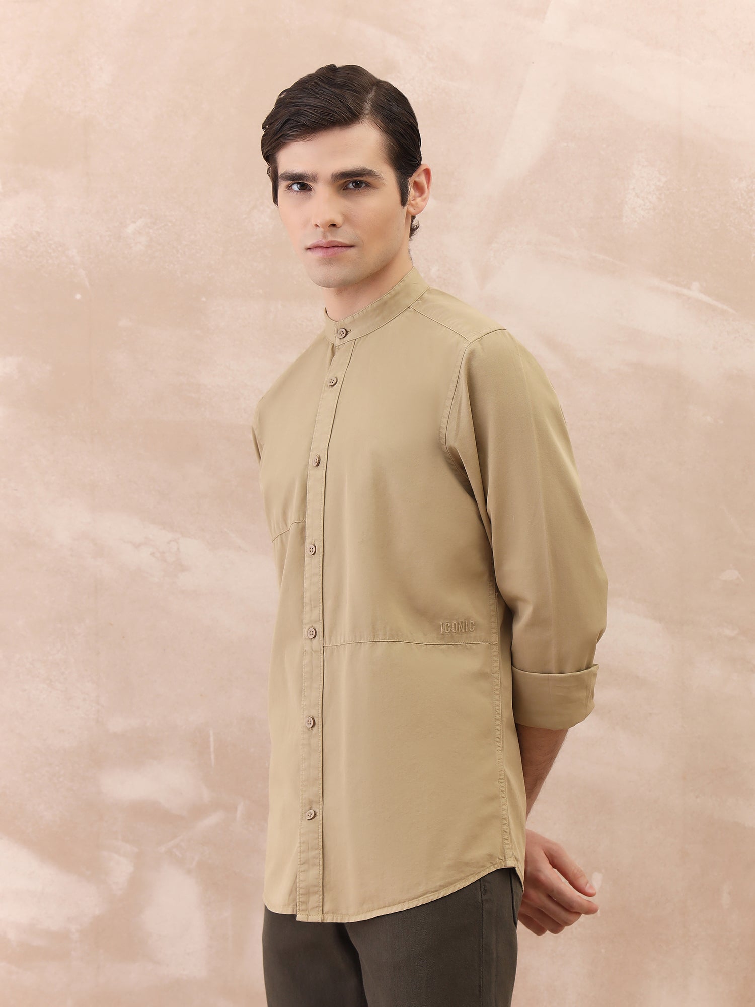 Iconic Men Beige Washed Band Collar Shirt