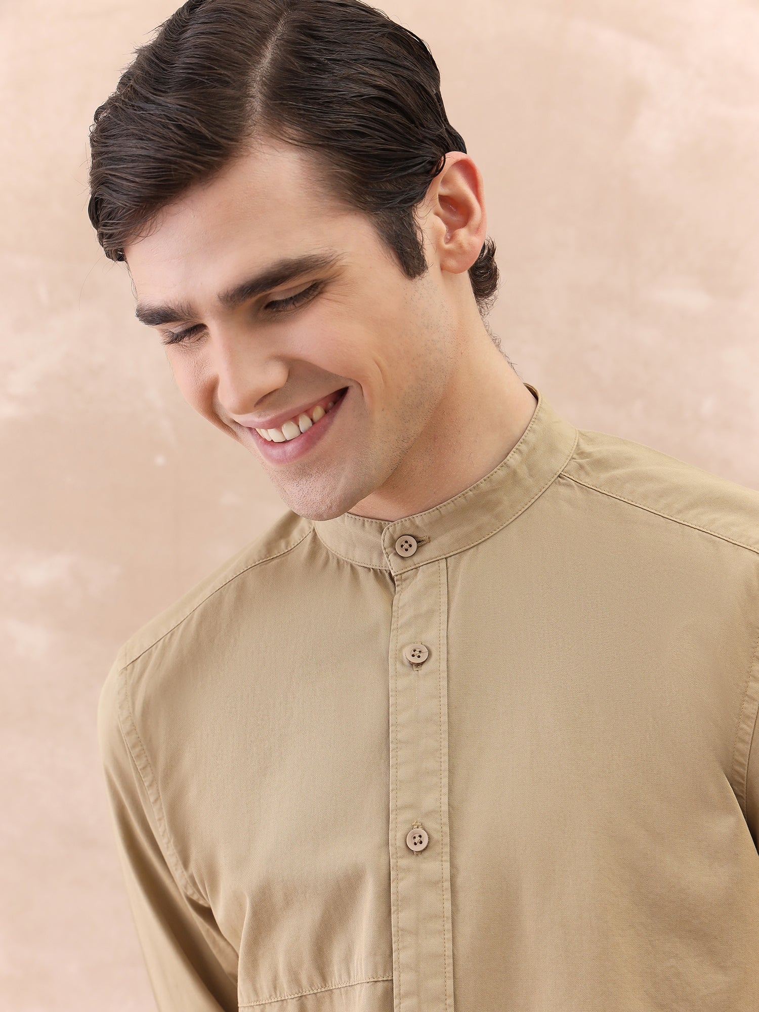 Iconic Men Beige Washed Band Collar Shirt