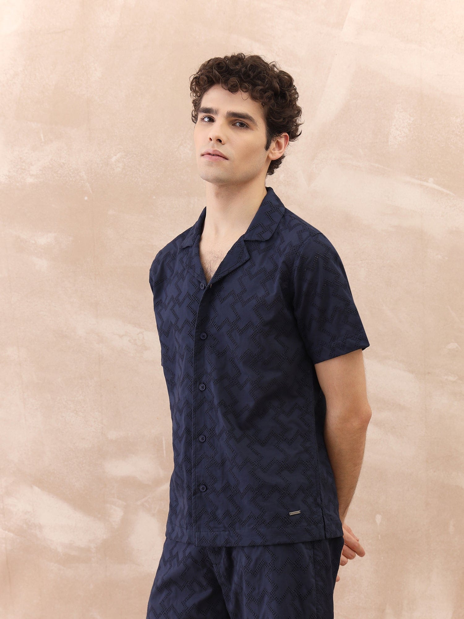 Iconic Men Blue Textured Resort Collar Shirt