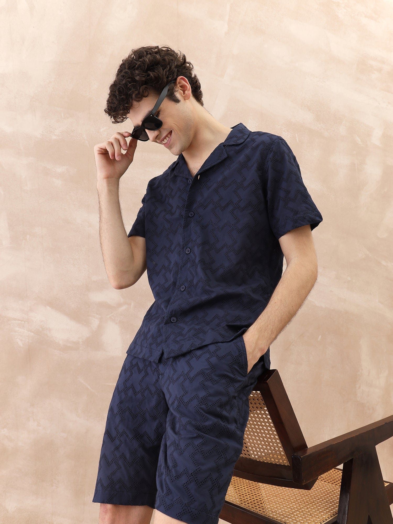 Iconic Men Blue Textured Resort Collar Shirt