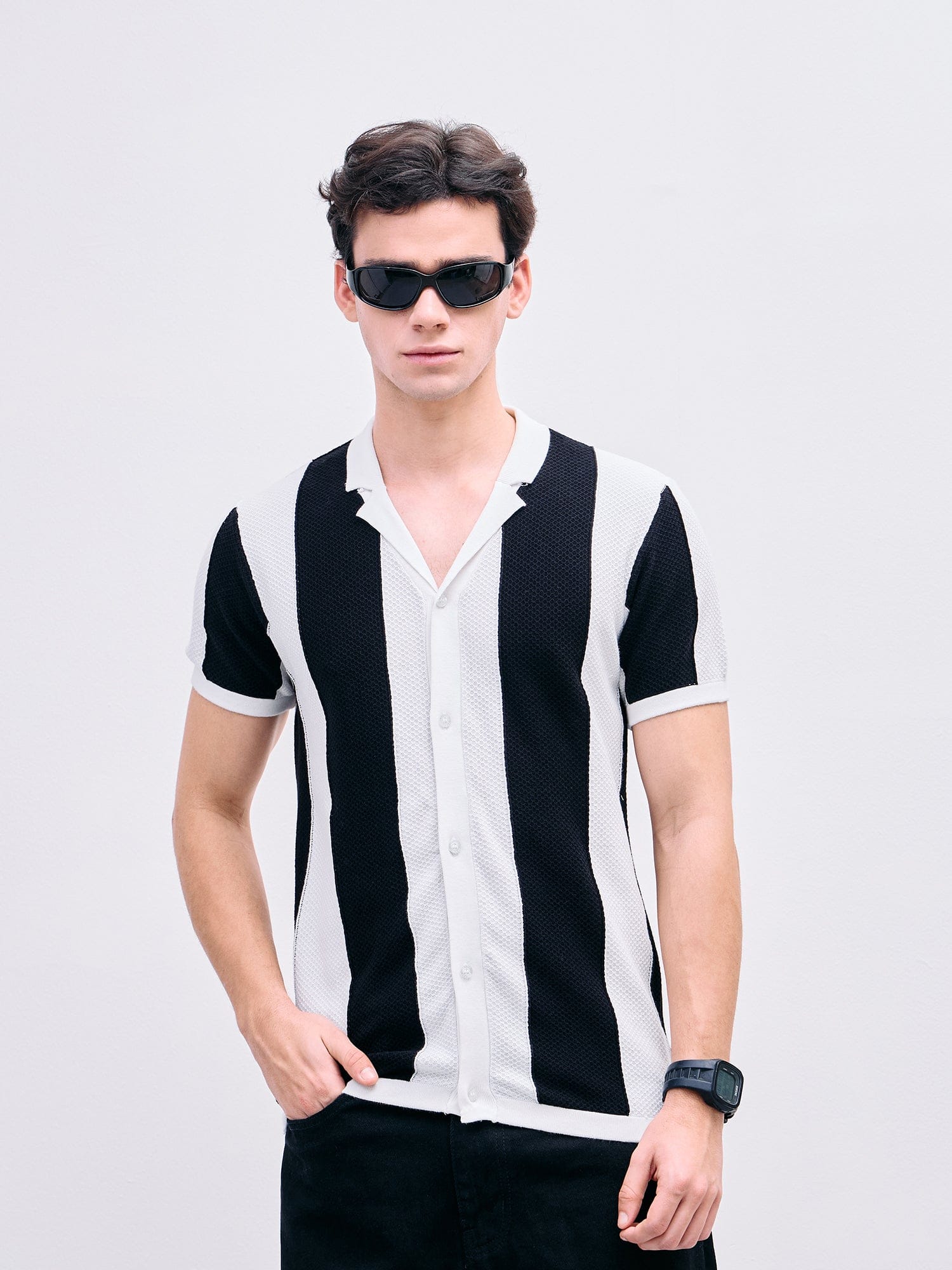 Iconic Men Black Color Block Resort Collar Shirt