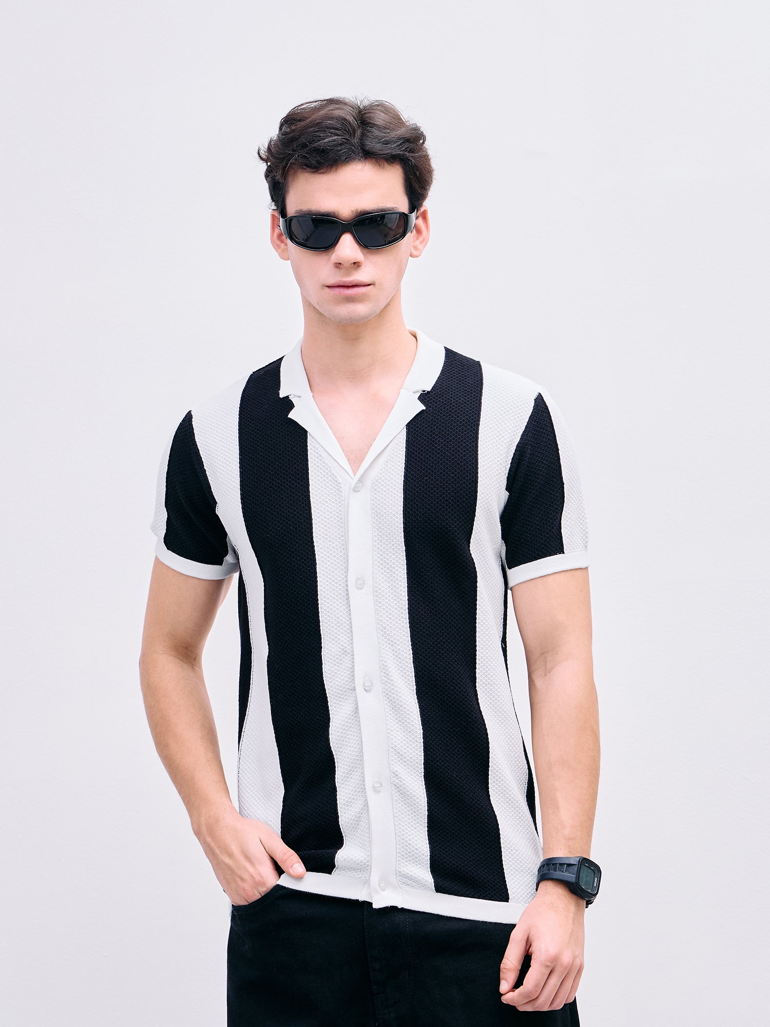 Iconic Men Black Color Block Resort Collar Shirt