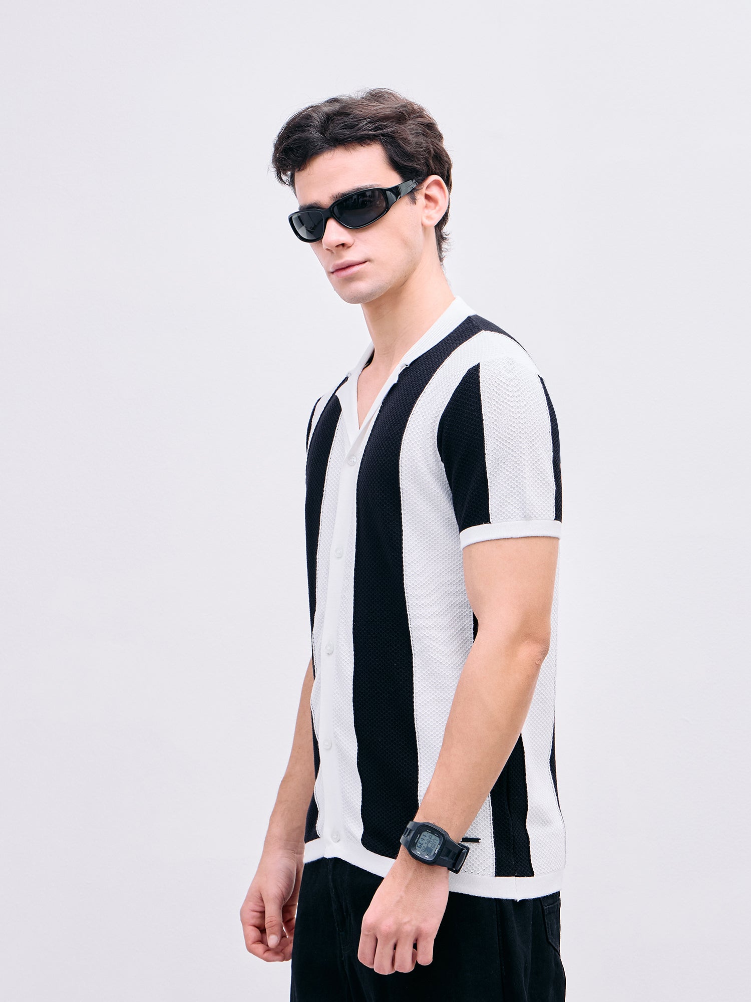 Iconic Men Black Color Block Resort Collar Shirt