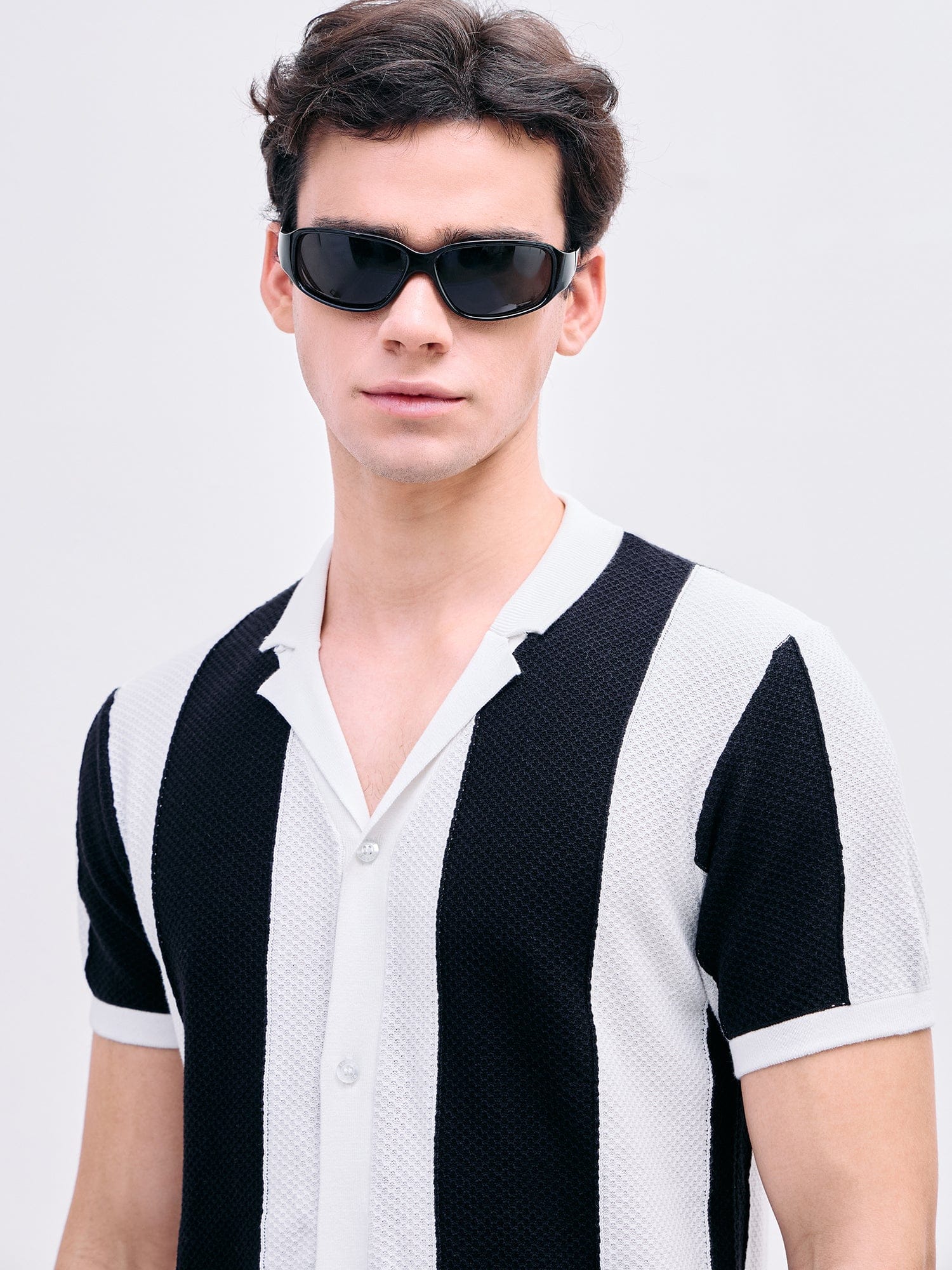Iconic Men Black Color Block Resort Collar Shirt