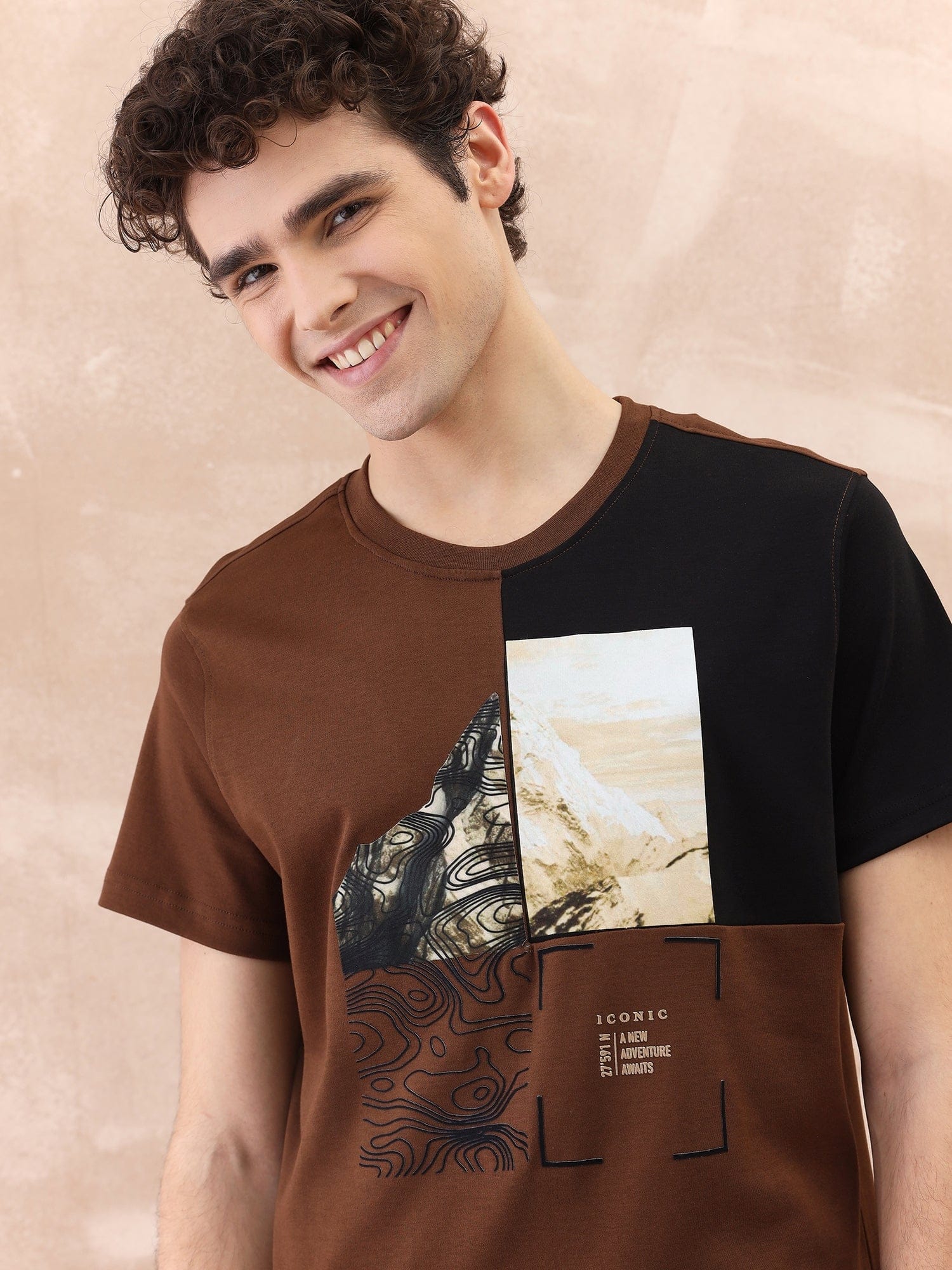 Iconic Men Brown Graphic Crew Neck Tshirt