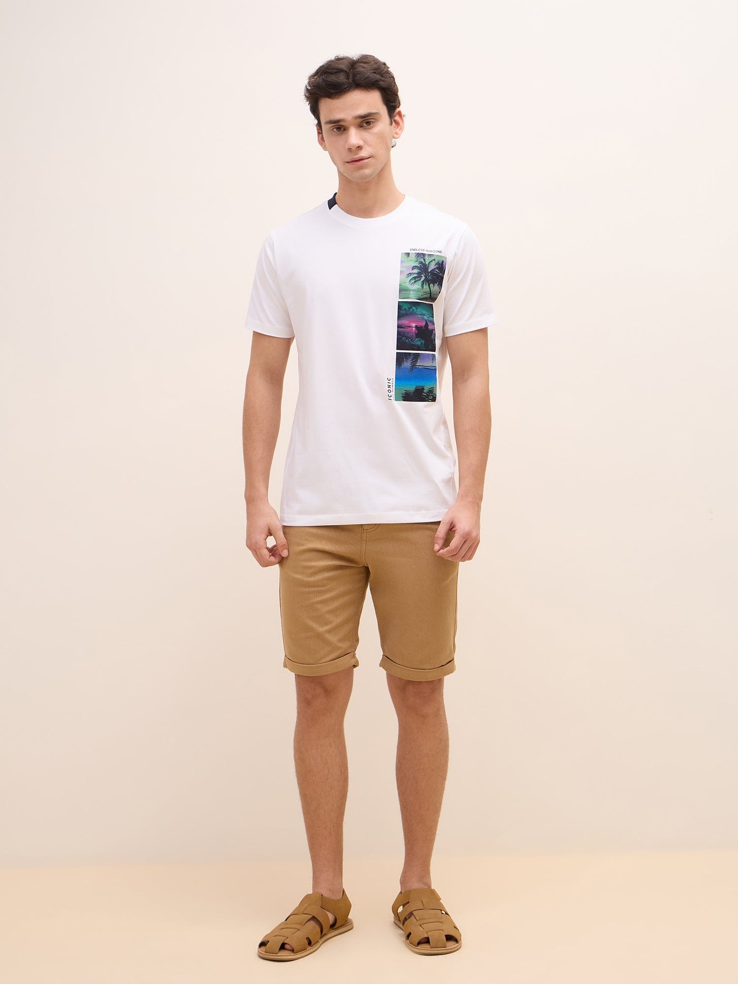 Iconic Men White Graphic Round Neck Tshirt