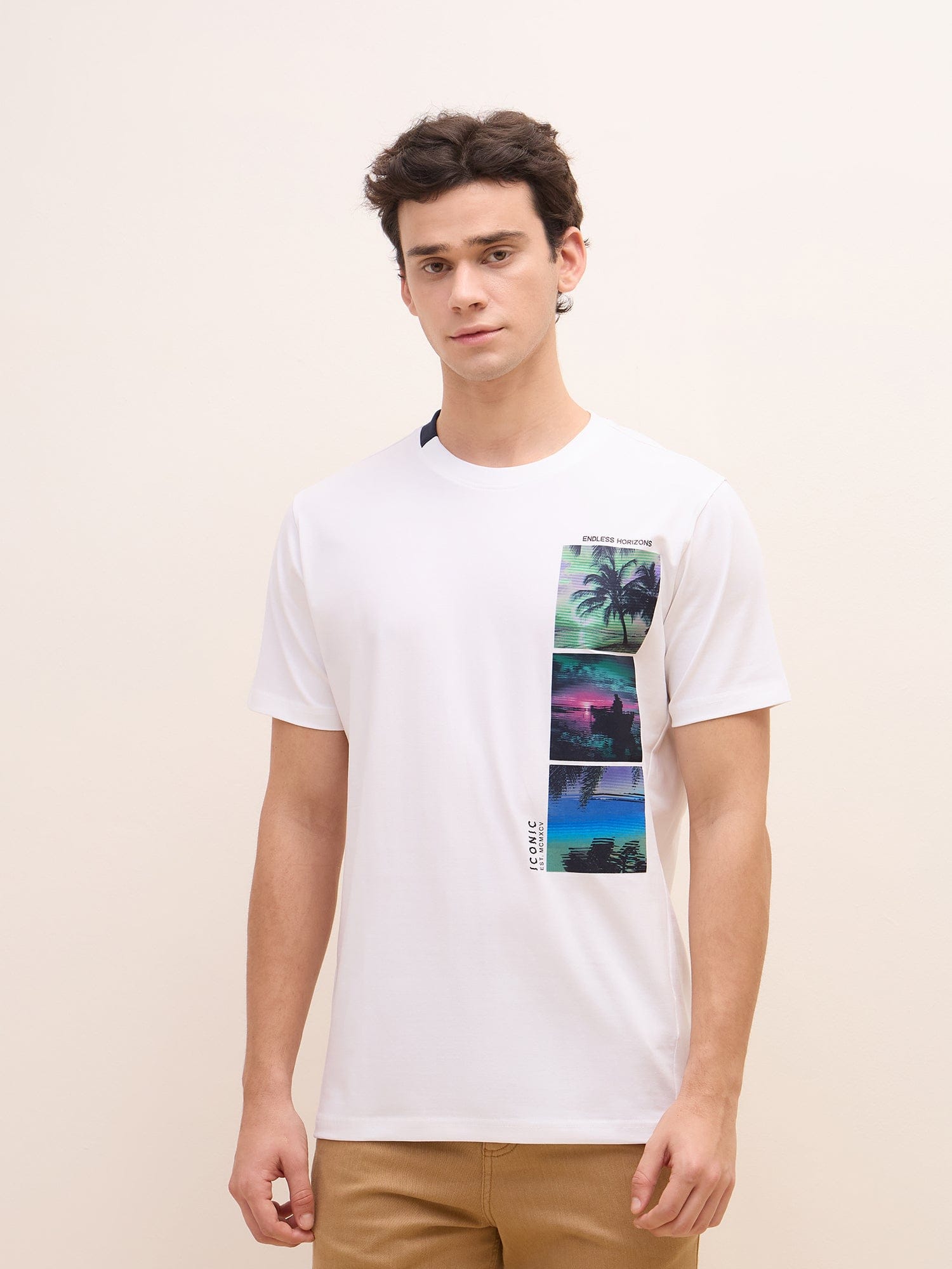 Iconic Men White Graphic Round Neck Tshirt