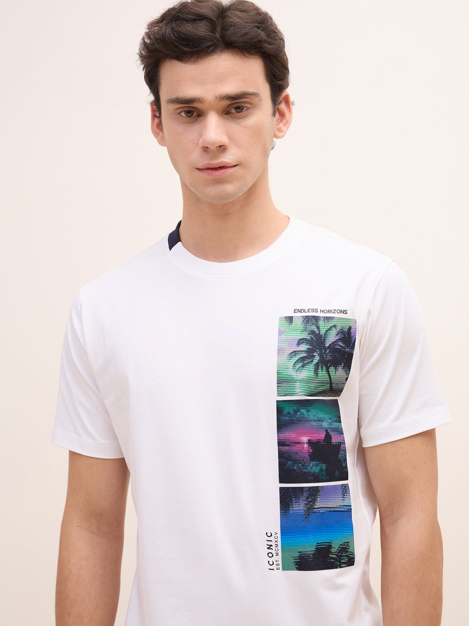 Iconic Men White Graphic Round Neck Tshirt