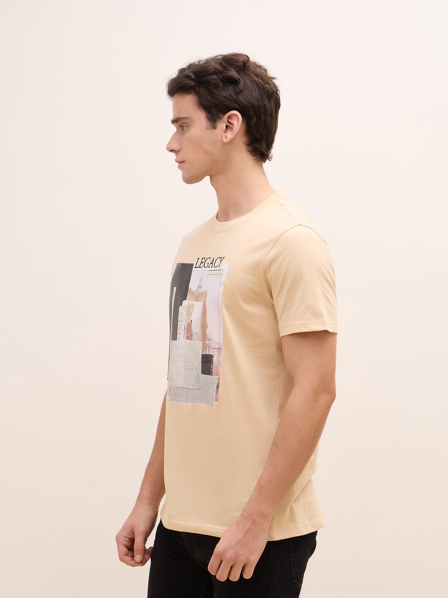 Iconic Men Beige Graphic Crew Neck Tshirt