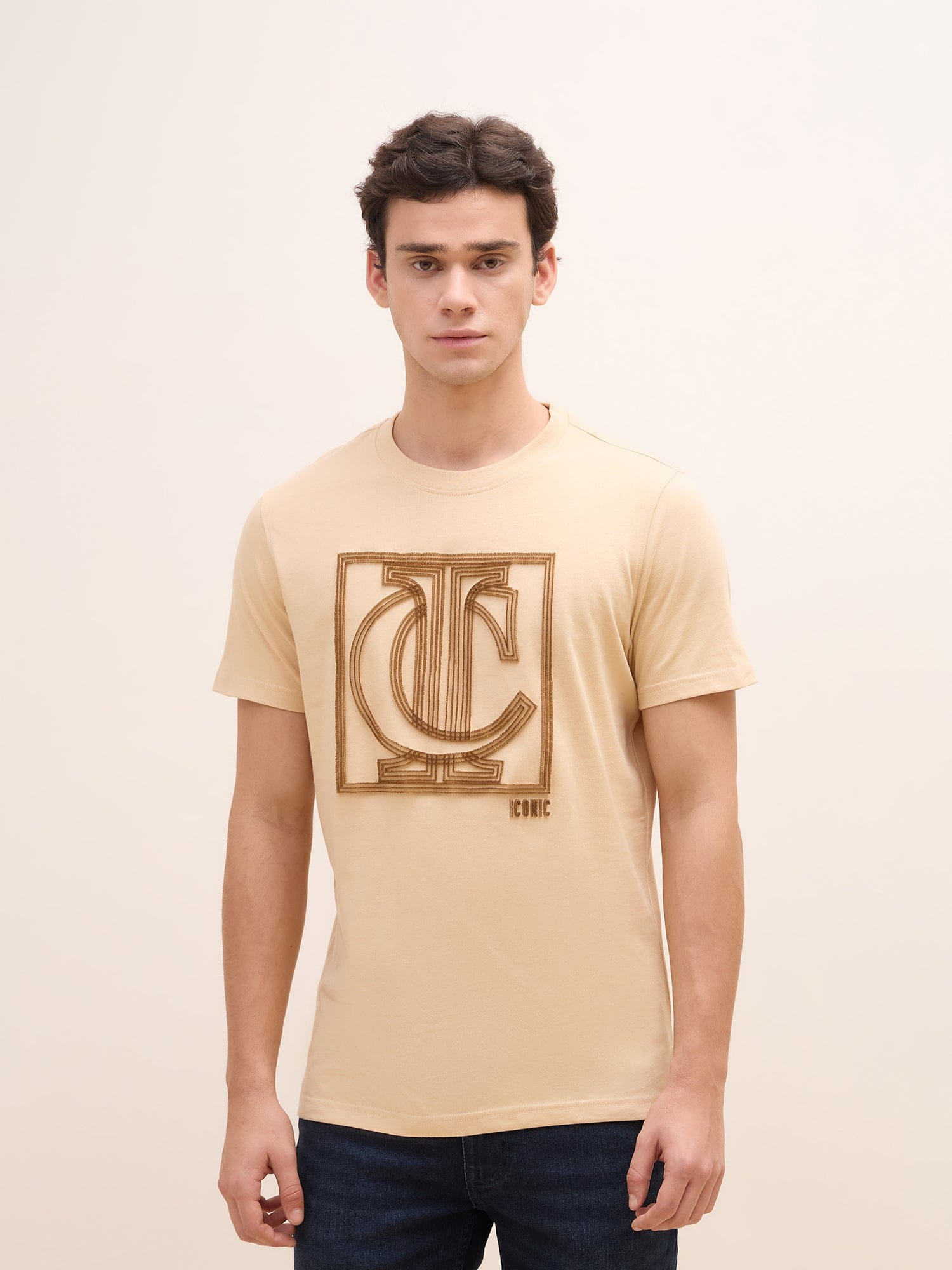Iconic Men Beige Graphic Crew Neck Tshirt