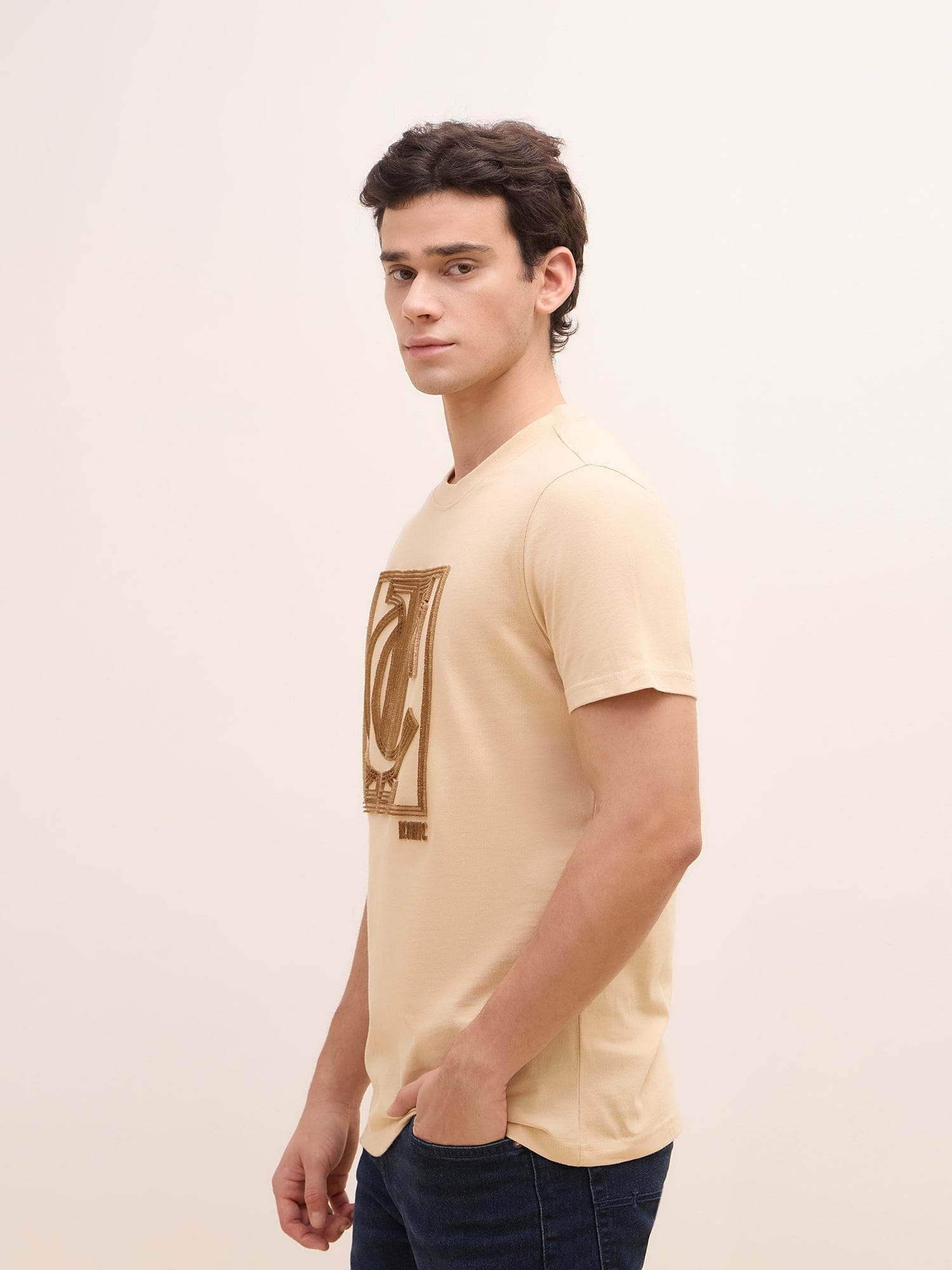 Iconic Men Beige Graphic Crew Neck Tshirt