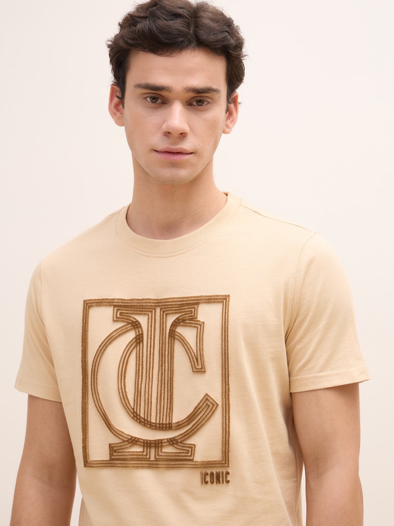 Iconic Men Beige Graphic Crew Neck Tshirt