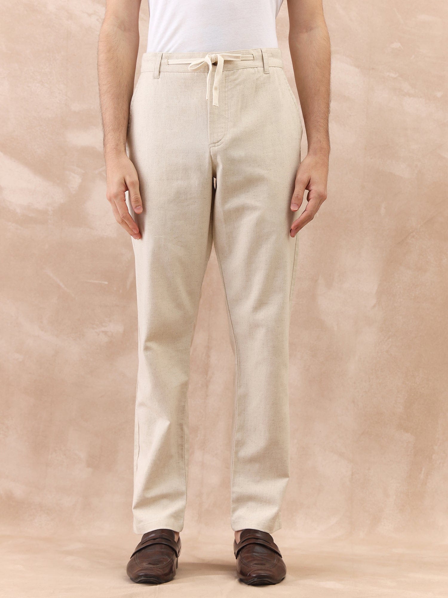 Iconic Men Beige Regular Fit Textured Trouser