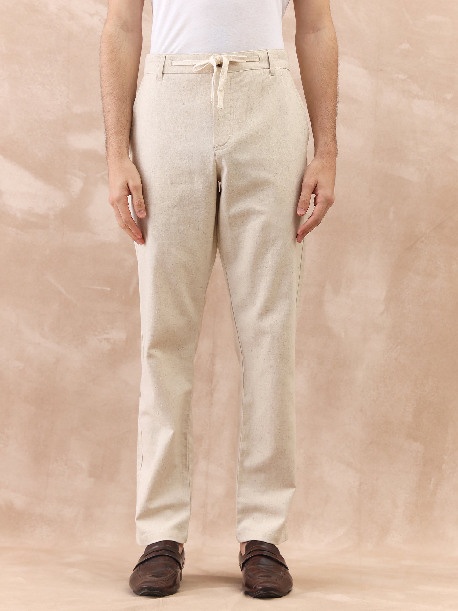 Iconic Men Beige Regular Fit Textured Trouser