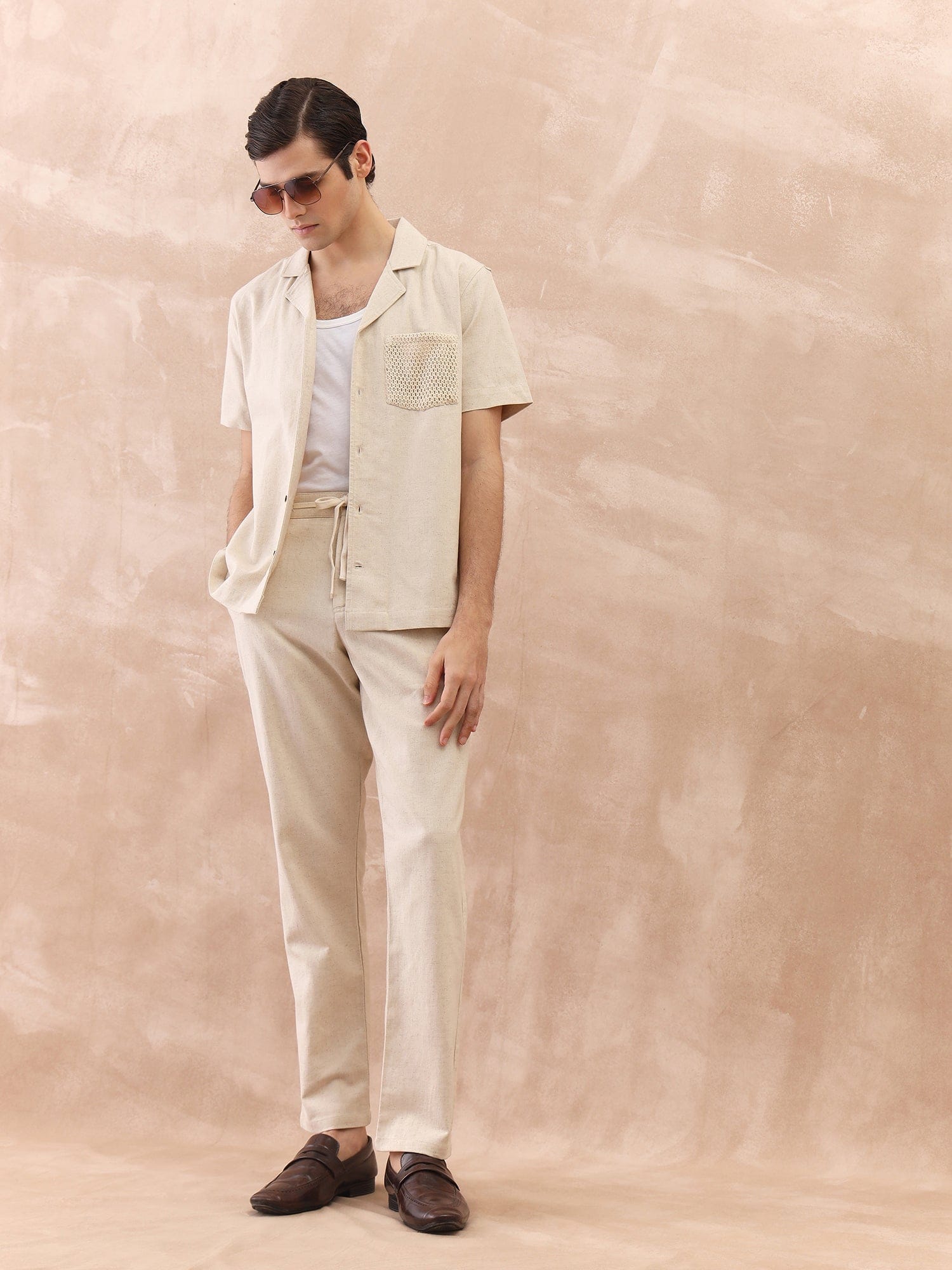 Iconic Men Beige Regular Fit Textured Trouser