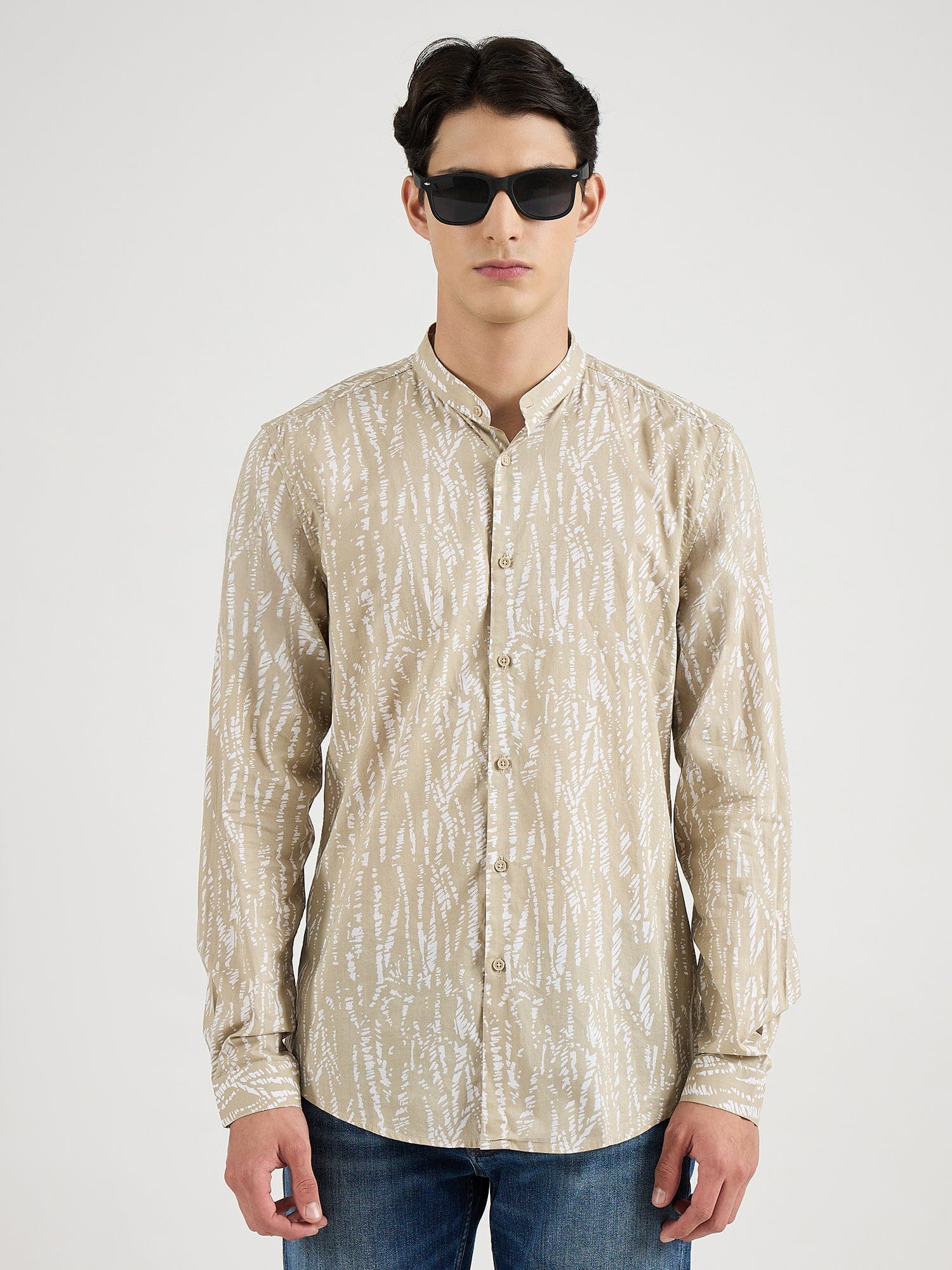 Antony Morato Men Beige Printed Mandarin Collar Shirt