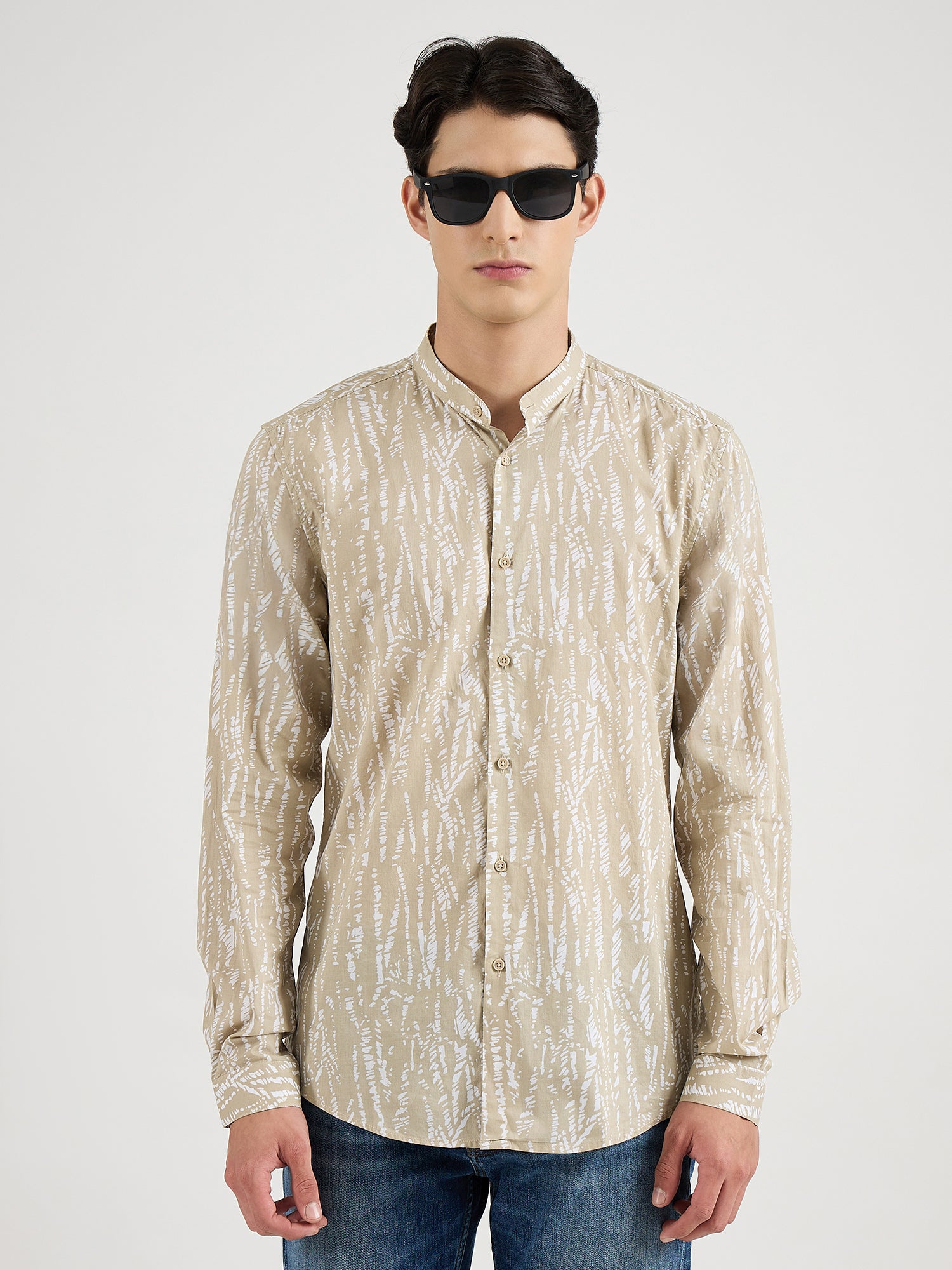 Antony Morato Men Beige Printed Mandarin Collar Shirt