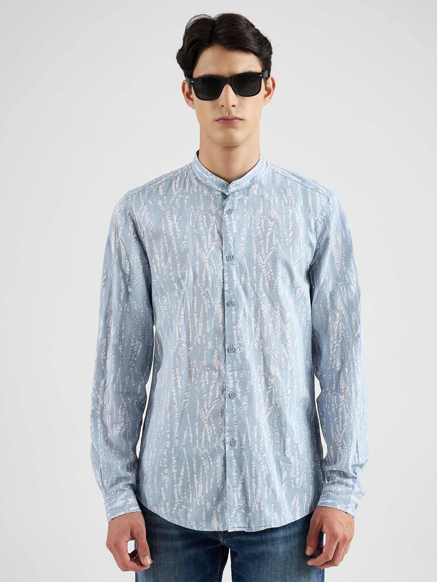 Antony Morato Men Blue Printed Mandarin Collar Shirt