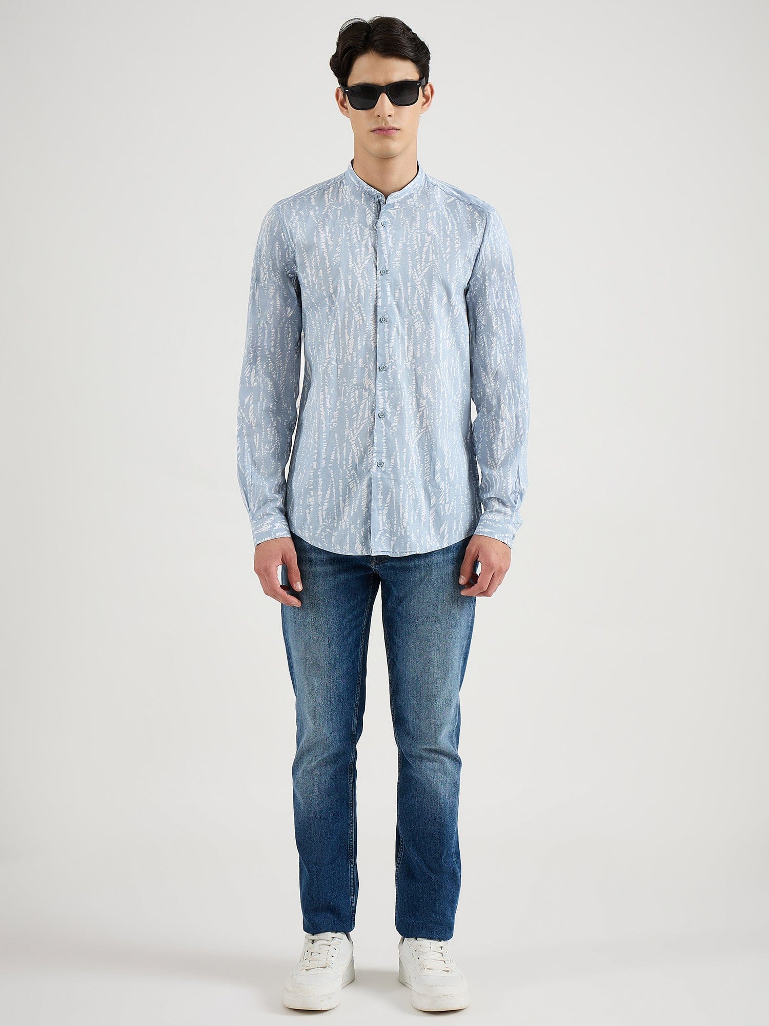 Antony Morato Men Blue Printed Mandarin Collar Shirt