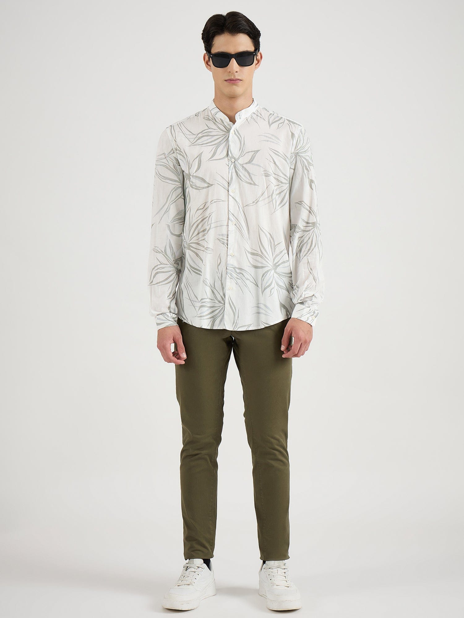 Antony Morato Men Cream Printed Mandarin Collar Shirt
