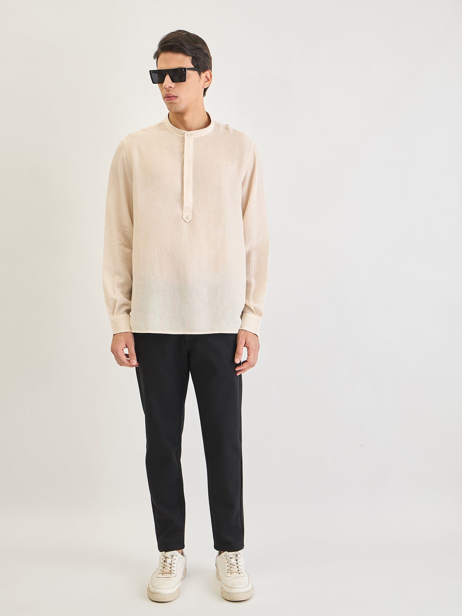 Antony Morato Men Beige Solid Mandarin Collar Shirt