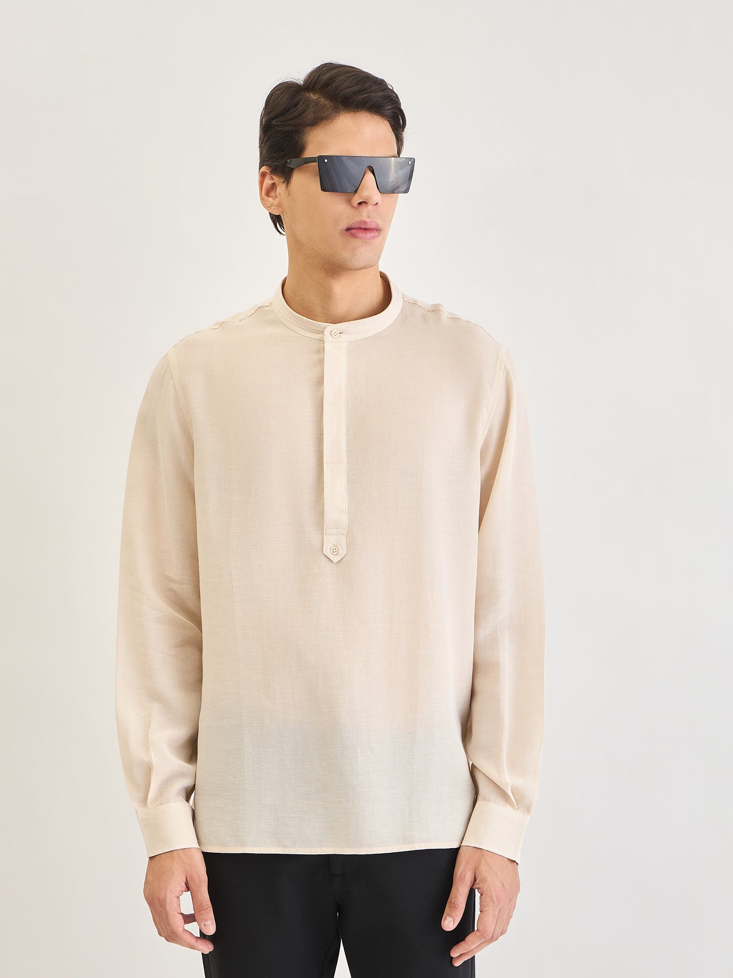 Shop Antony Morato Men Beige Solid Mandarin Collar Shirt Online