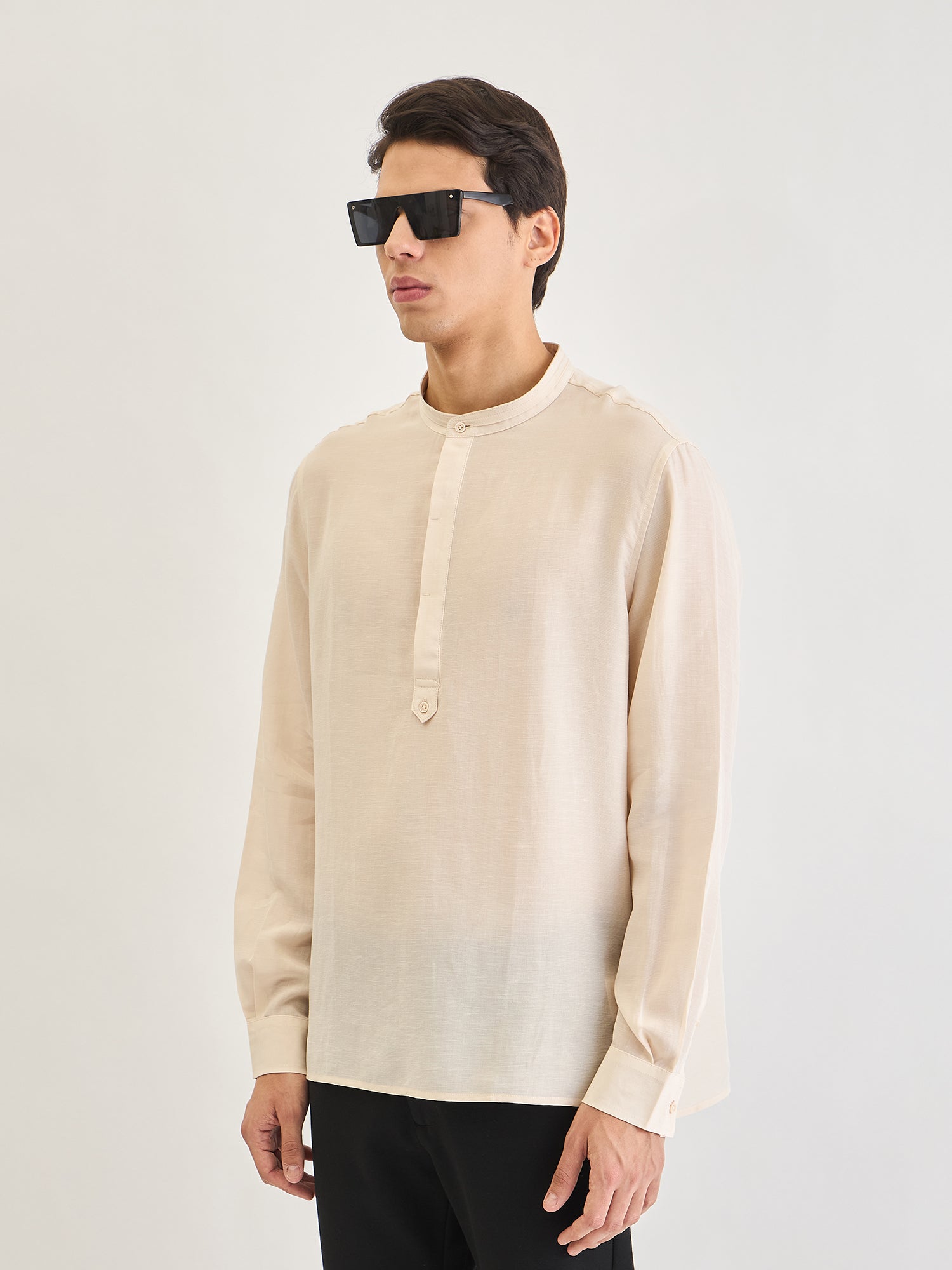 Antony Morato Men Beige Solid Mandarin Collar Shirt