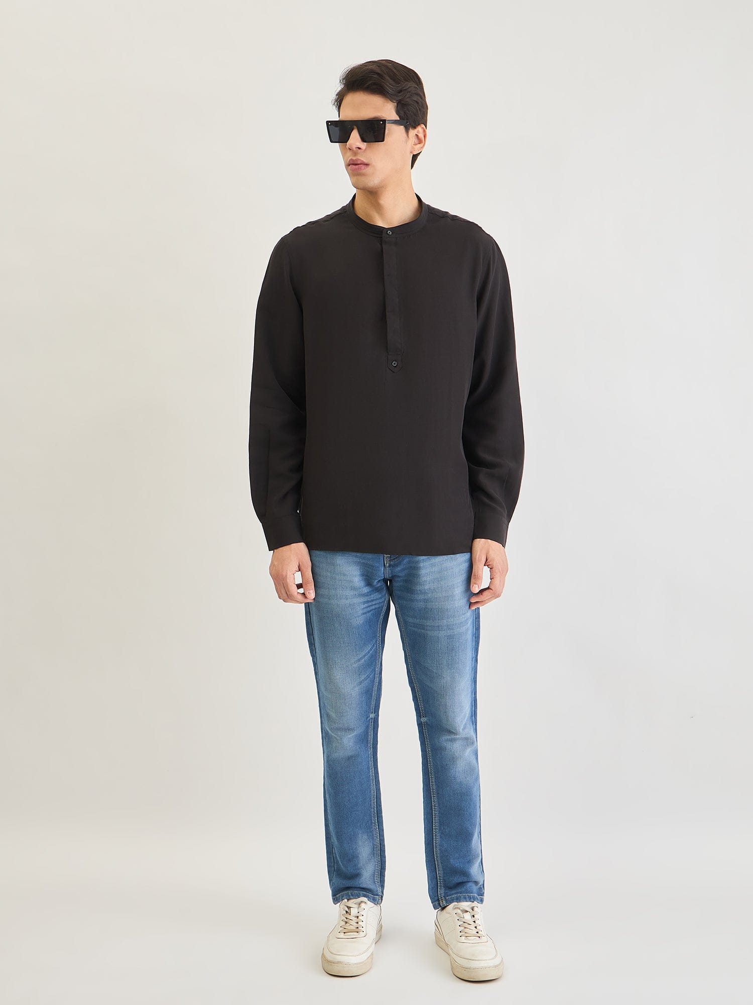 Antony Morato Men Black Solid Mandarin Collar Shirt