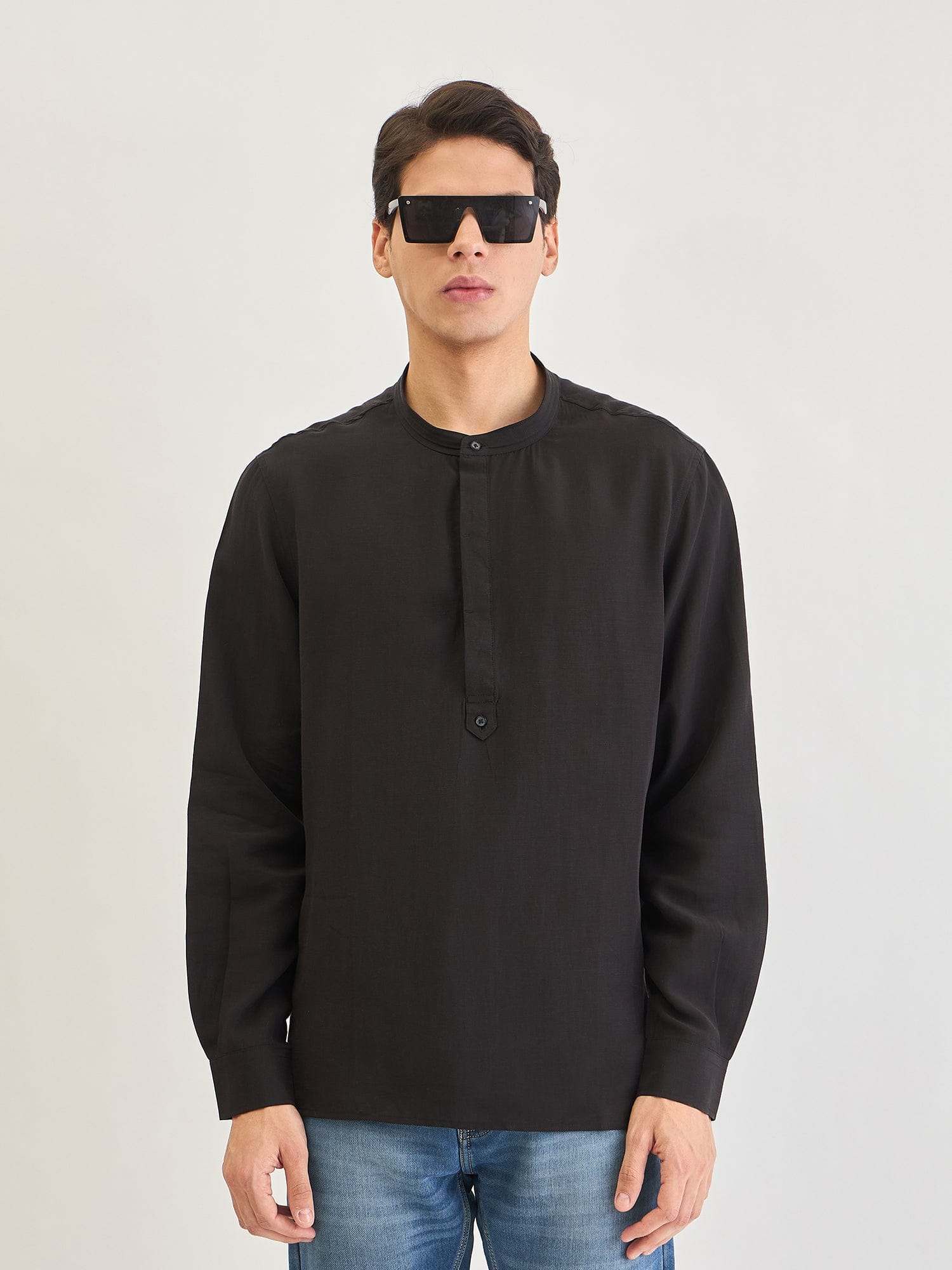 Antony Morato Men Black Solid Mandarin Collar Shirt