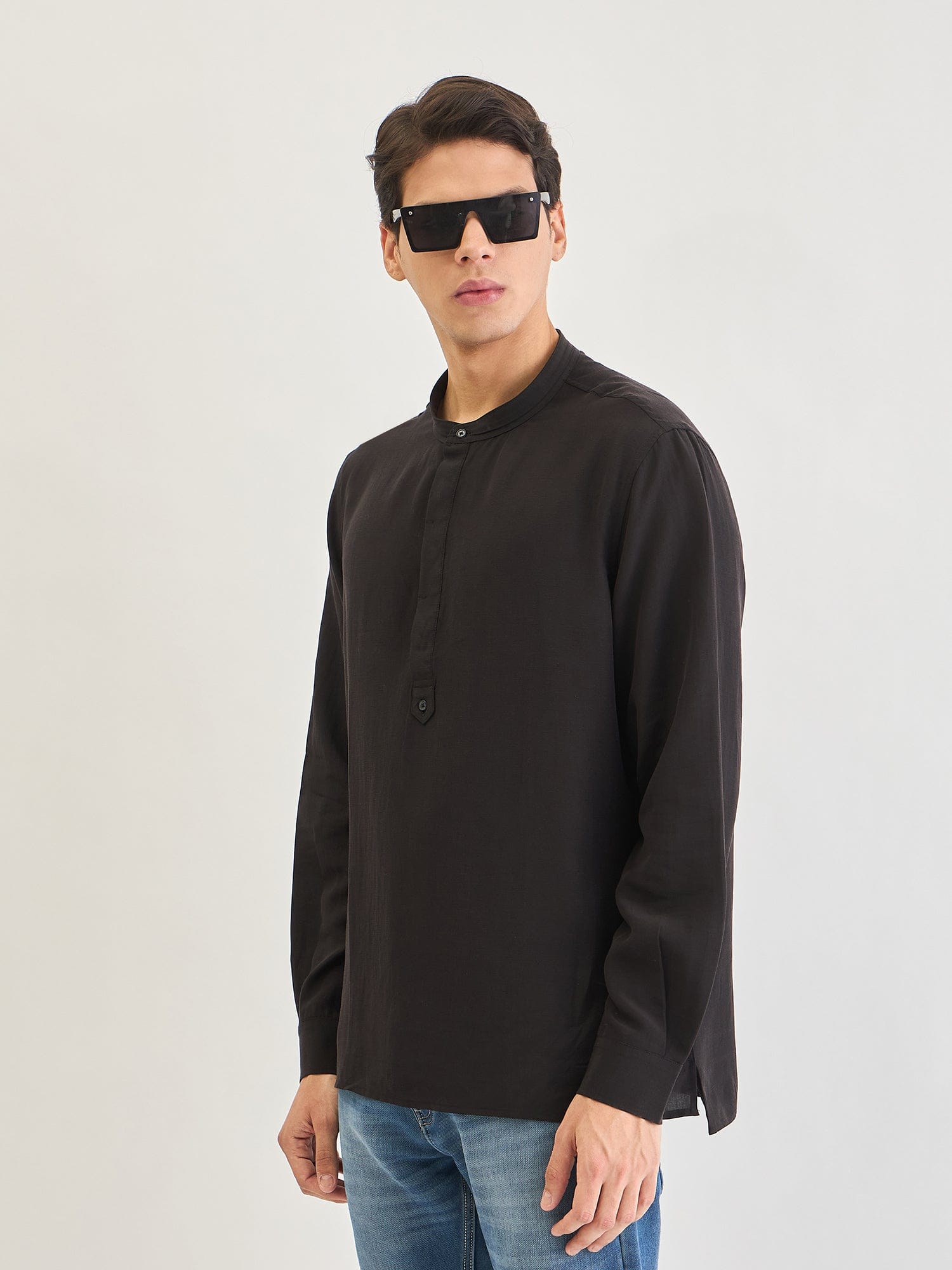 Antony Morato Men Black Solid Mandarin Collar Shirt