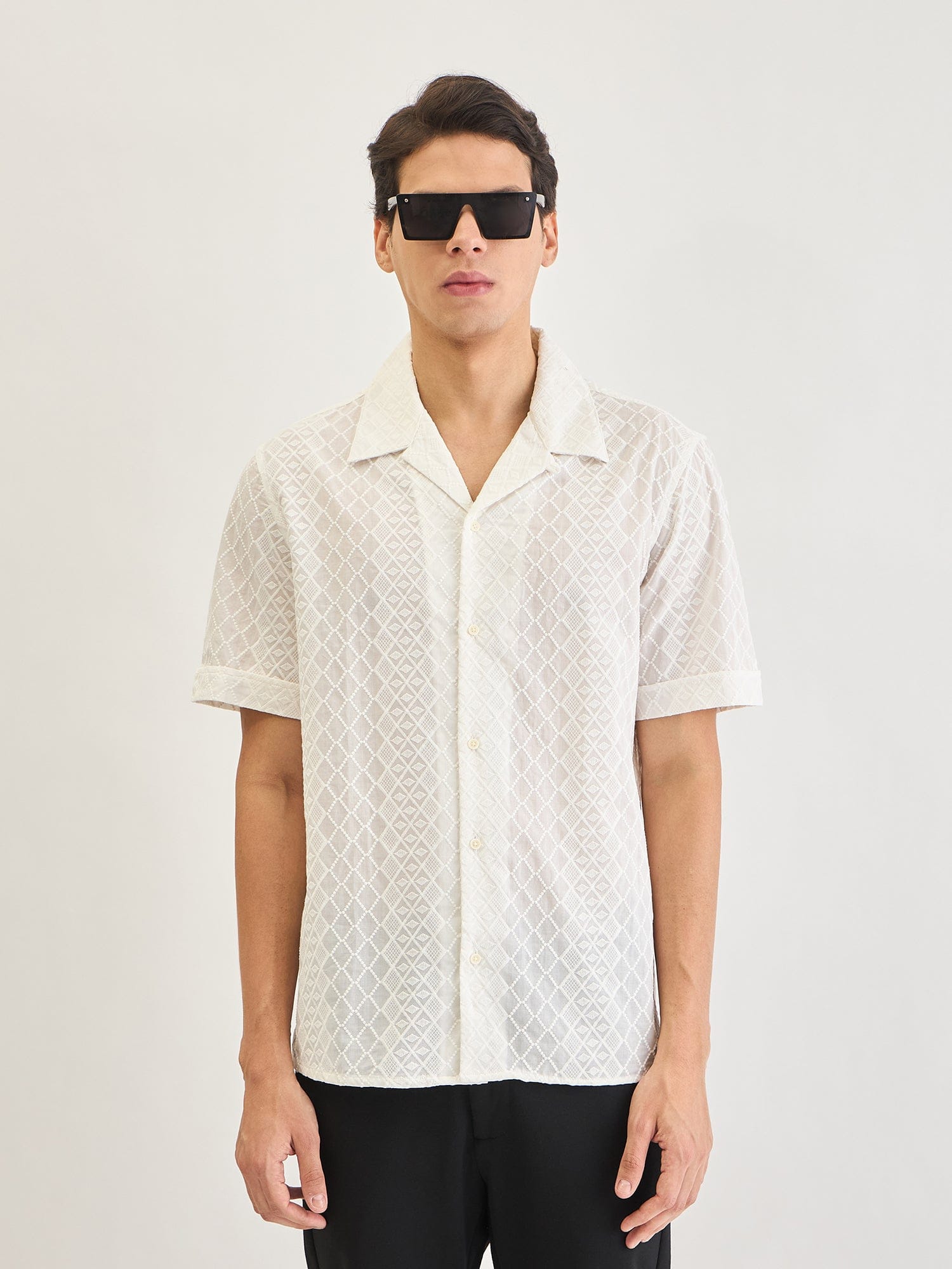 Antony Morato Men Cream Embroidered Collar Shirt